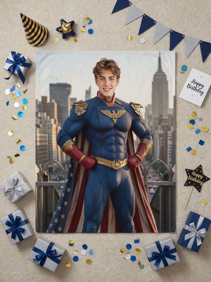 Custom Face Photo Superhero Blanket, Personalized Portrait Flannel Fleece Throw for Bed Couch, Unique Cozy Gift