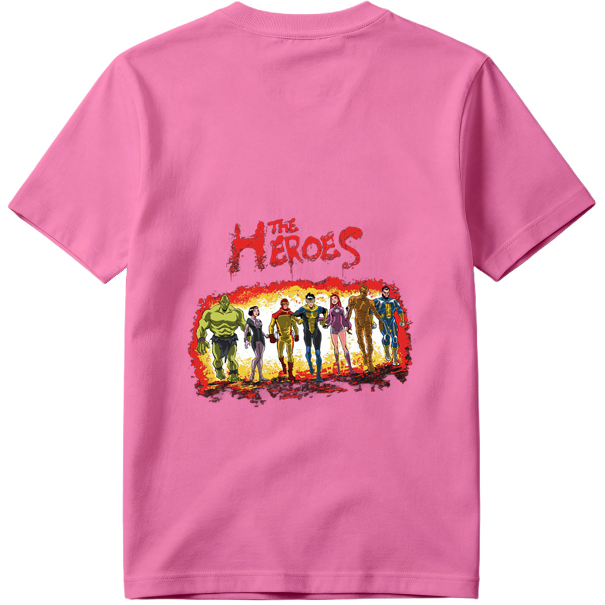 The Heroes: Green Hulk, Black Widow, Red Ranger, Blue Avenger, Pink Warrior, Golden Titan, and Blue Sentinel - Tee