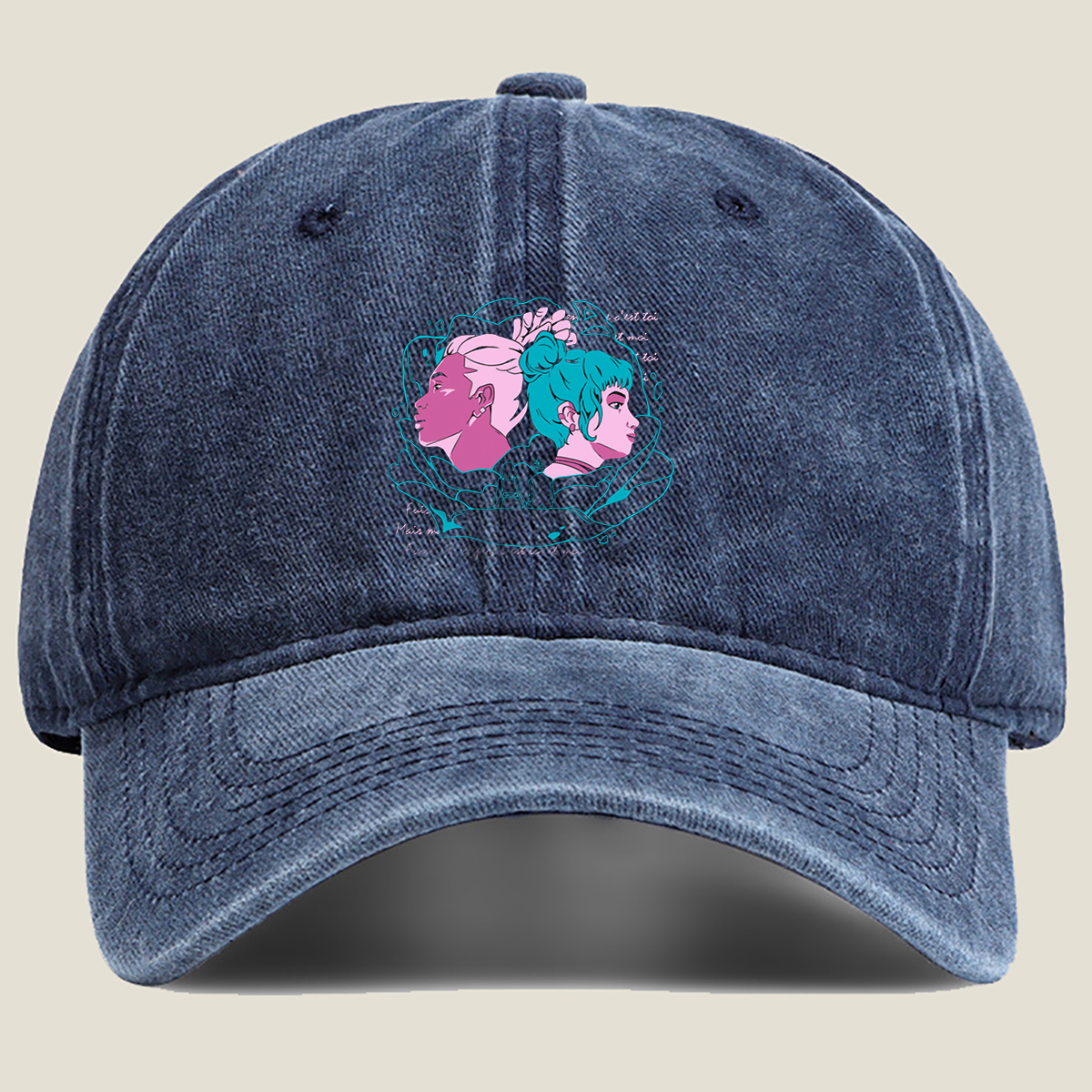 Two Women in Profile: A Stylized Artwork Featuring Pink and Teal Hair with French Text - Washed Denim - Baseball Cap