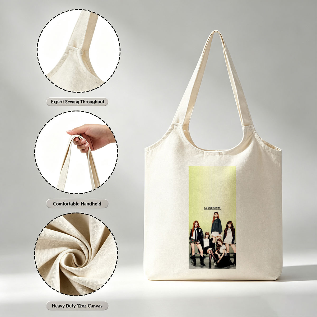 LE SSERAFIM Group Photo in School-Inspired Outfits on a Bright Green Background - Canvas shoulder bags/