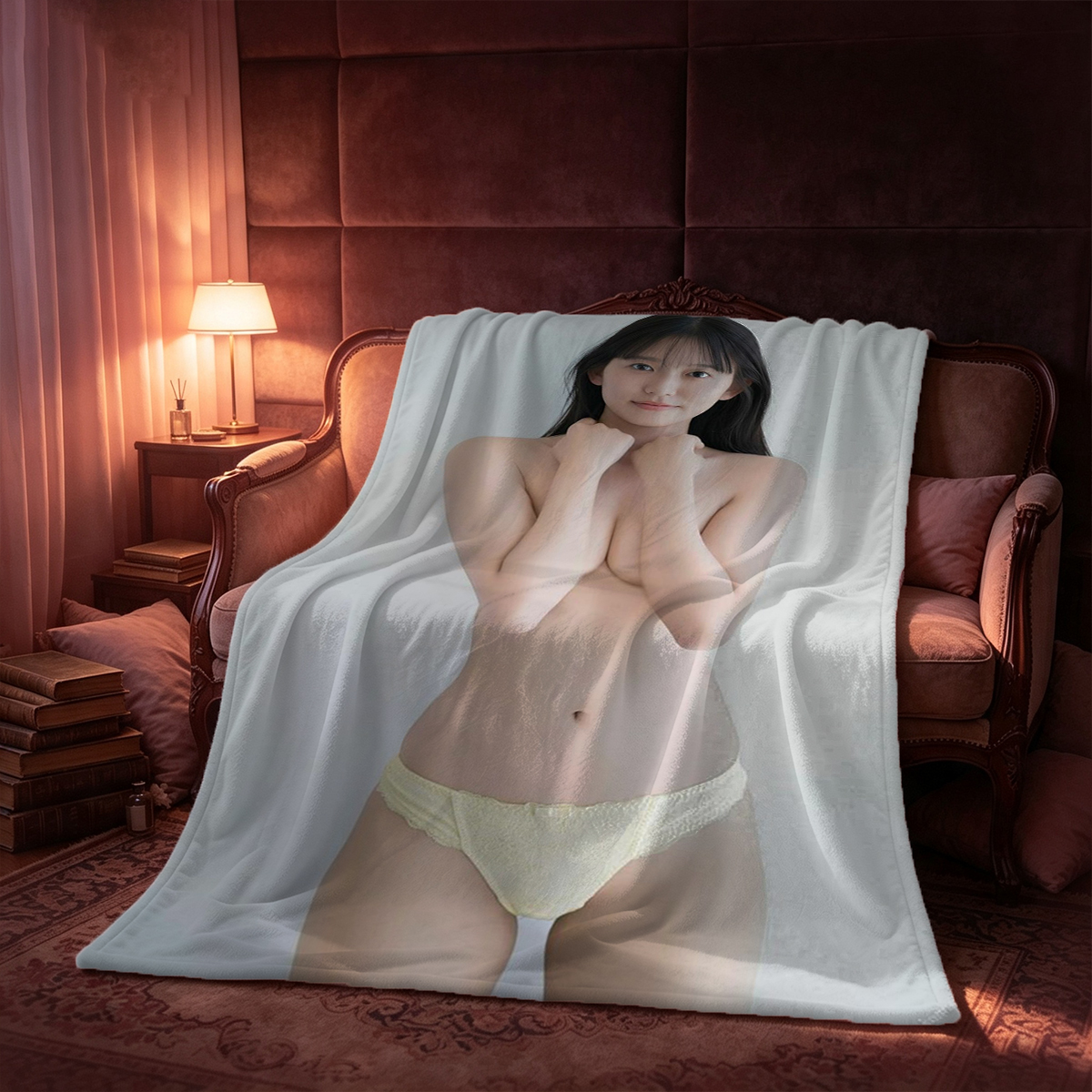 Smiling woman in black and gold lace lingerie posing on bed. - Blanket