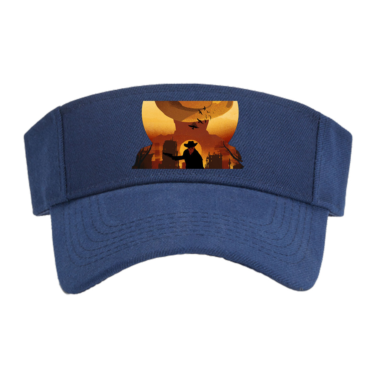 Cowboy Silhouette Against Sunset with Giant Hat and Birds in Sky -  Visor cap