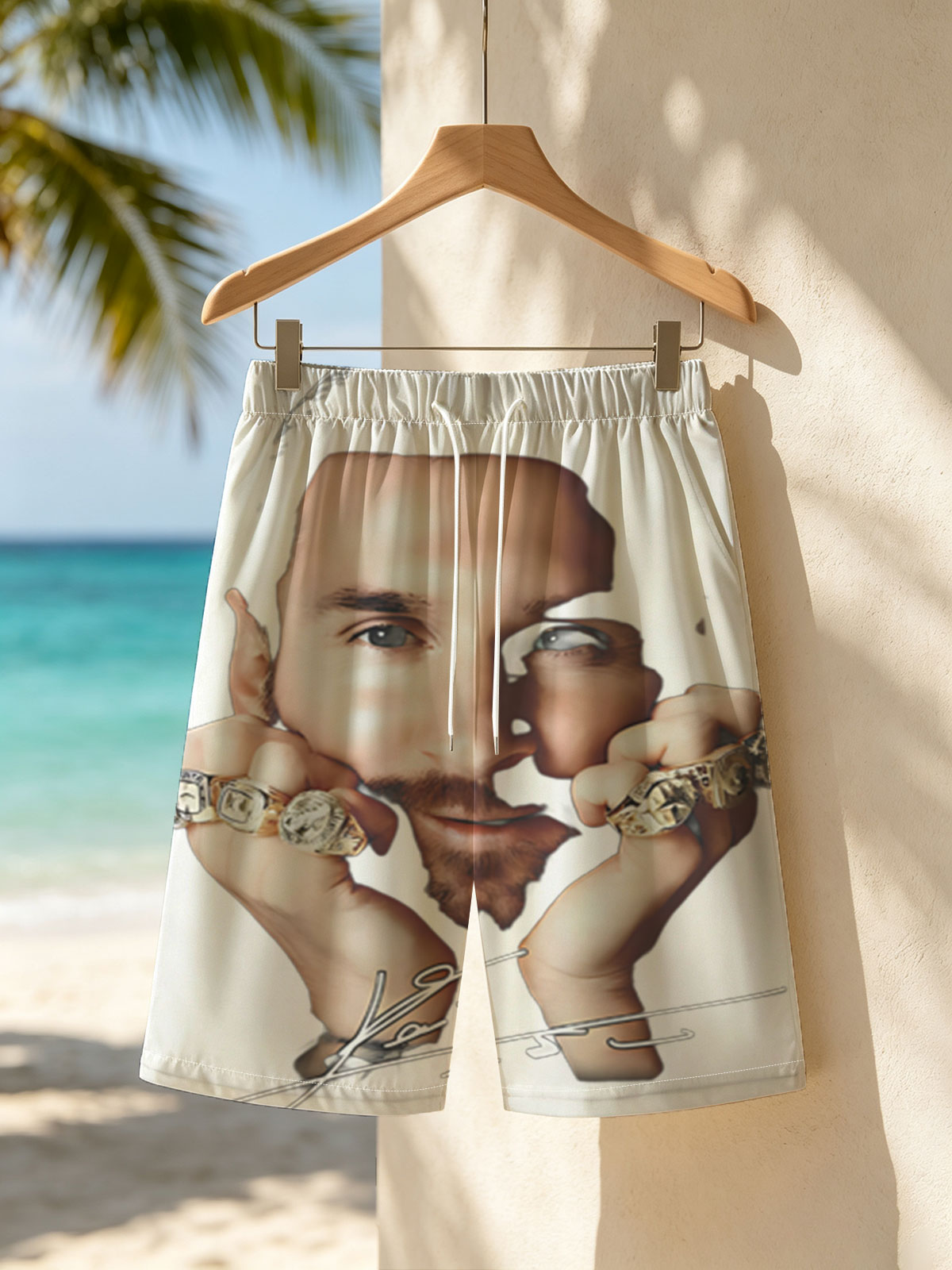 Lionel Messi with Championship Rings Signature Portrait -  Beach shorts
