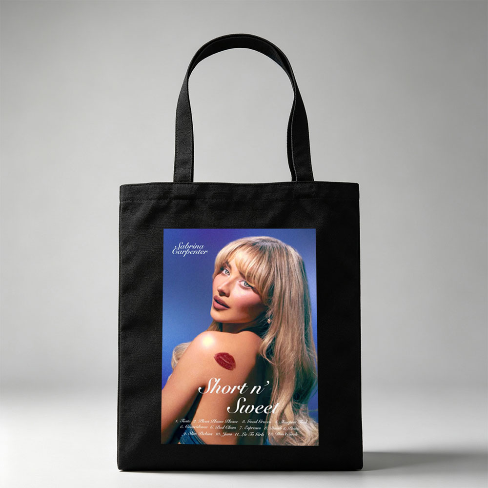 Sabrina Carpenter Album Cover Featuring Her with Lipӡ on Shoulder and Tracklist for Short n' Sweet - Canvas tote bags