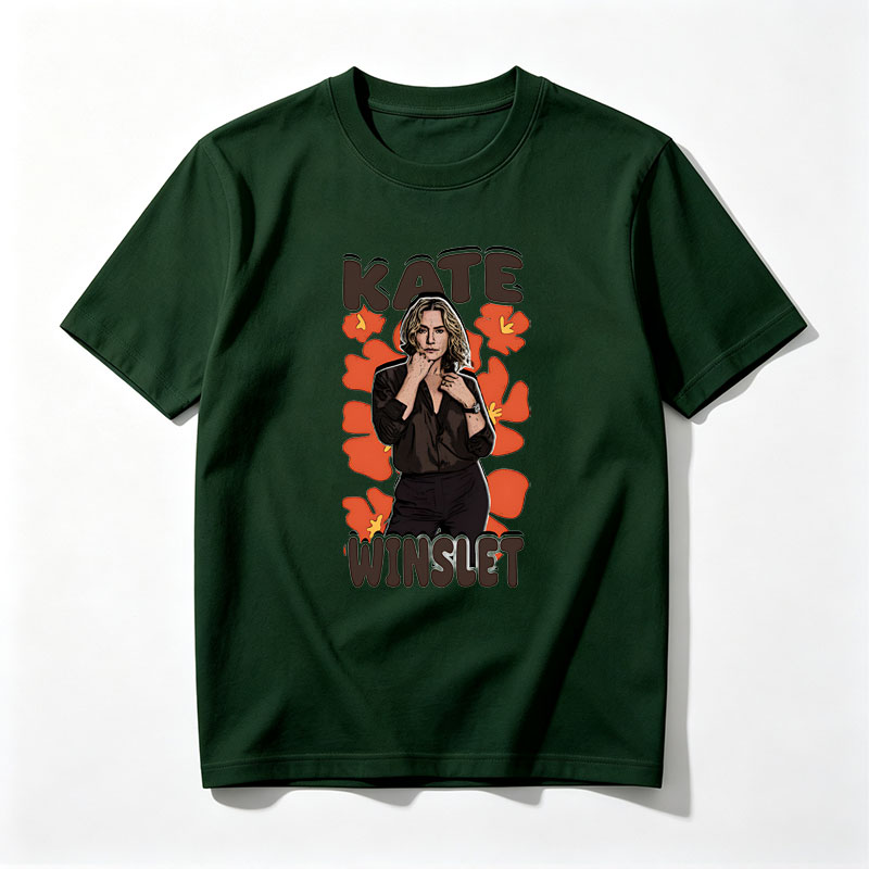 Kate Winslet in a stylish black outfit with floral background - Tee