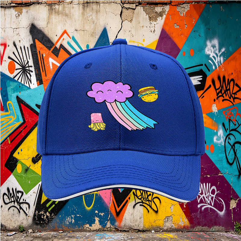 Unisex Classic Sandwich Hat with Kawaii Rainbow Cloud, Happy Burger & Fries Print – Perfect for Casual Outings, Festivals, and Daily Wear – Ideal for Teens and Young Adults Loving Fun Food-Themed Fashion