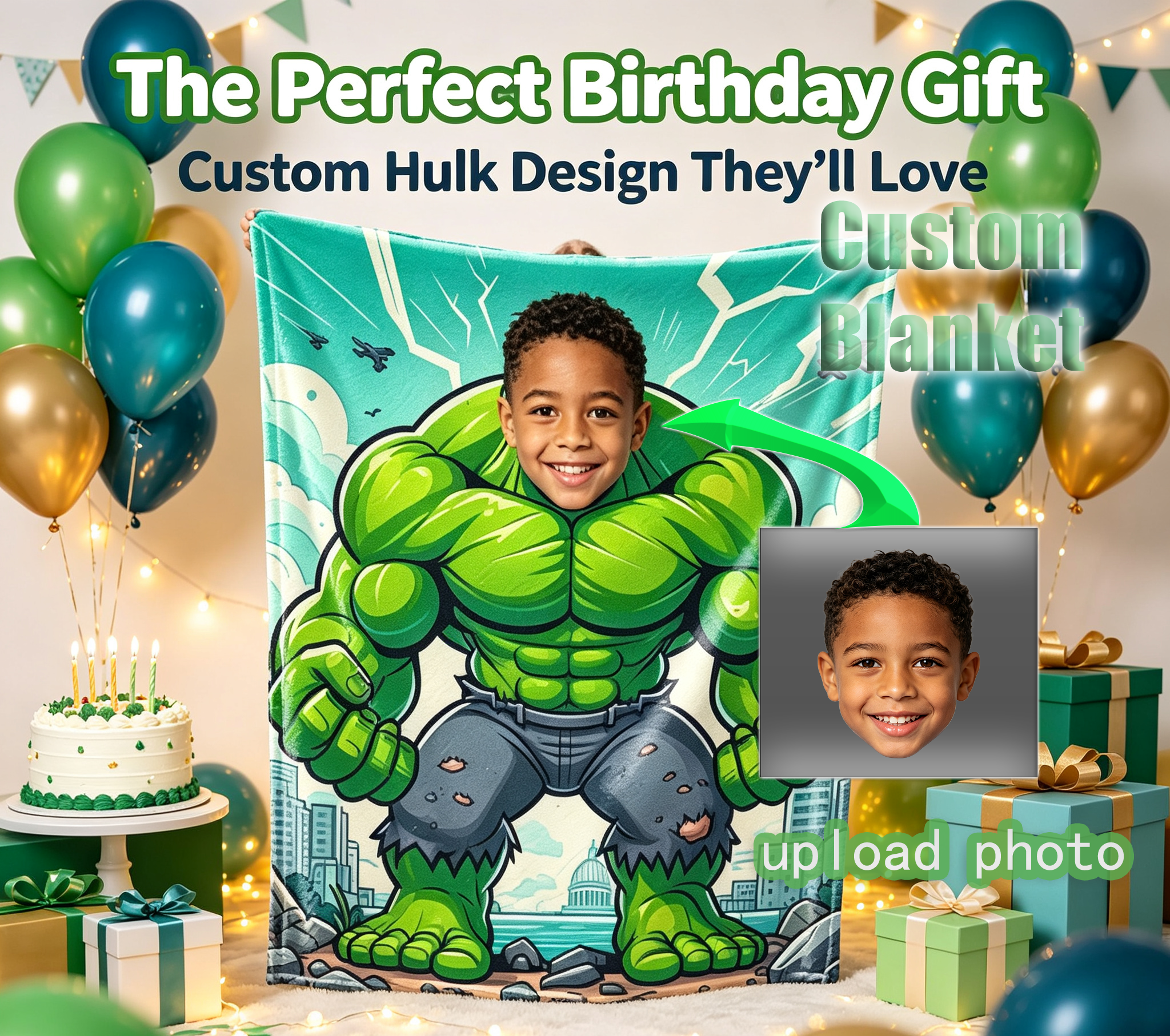 Custom Hulk Blanket, Personalized Superhero Blanket For Boys, Upload Your Kid Photo, Soft 280GSM Flannel Throw Blanket, Unique Birthday Gift For Children