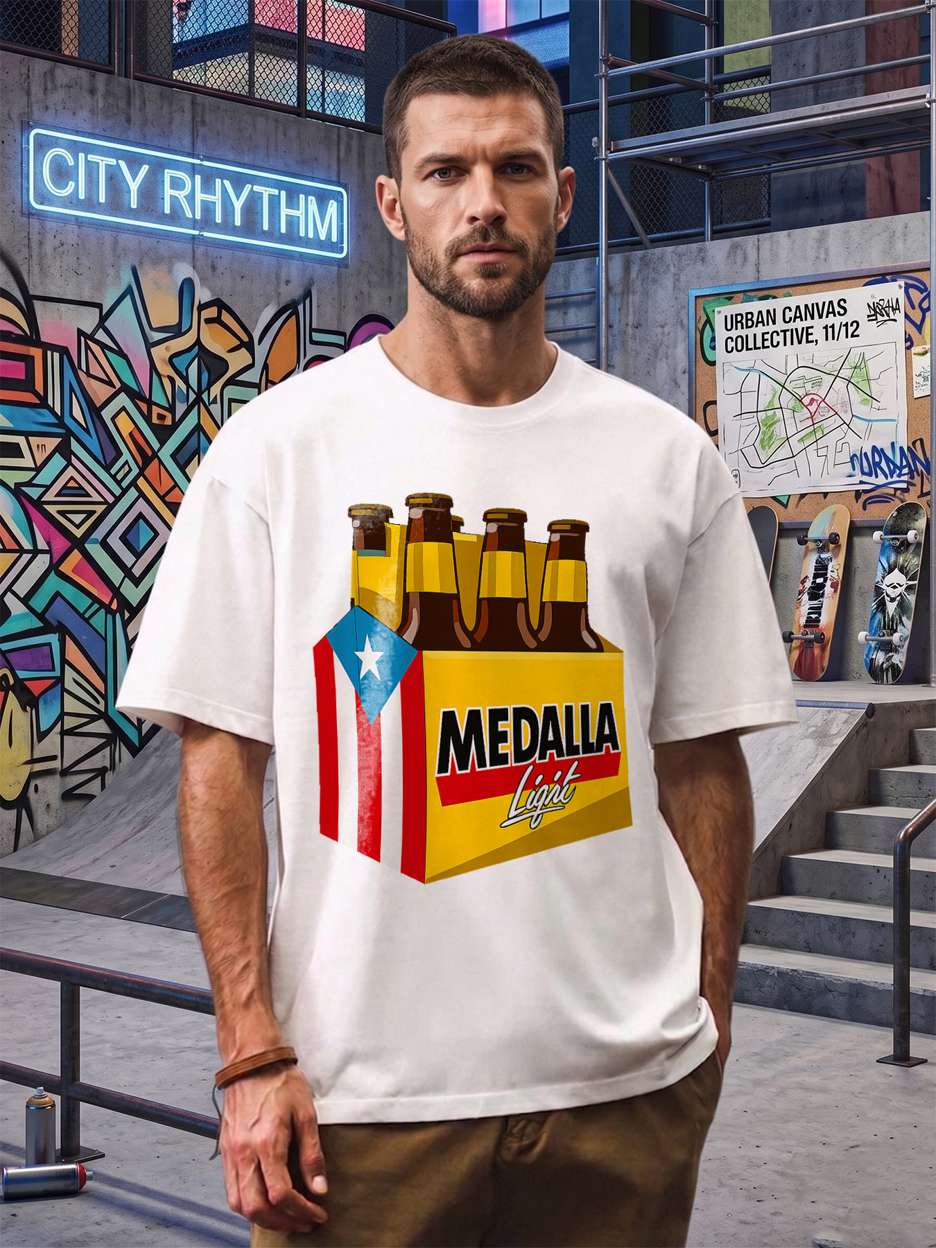 Men's Medalla Light Beer Box Print T-Shirt Casual Round Neck Summer Lightweight Breathable Short Sleeve Tee for Adults Bar Party Outdoor Leisure Wear