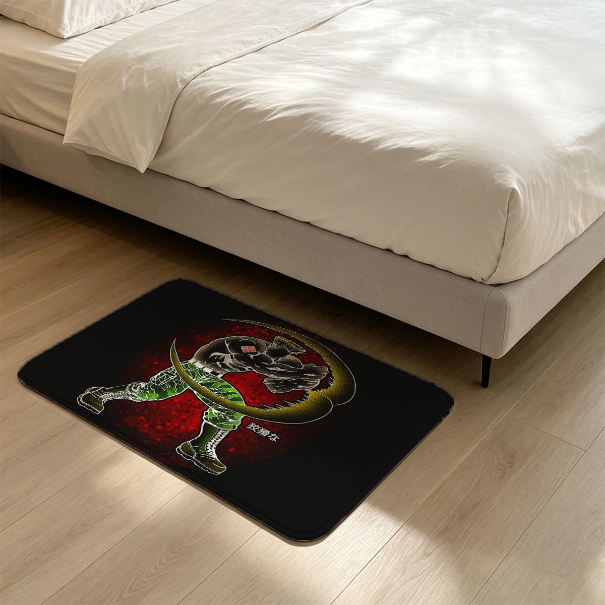 Muscular Soldier with Crescent Moon and Japanese Text - Flannel floor mat