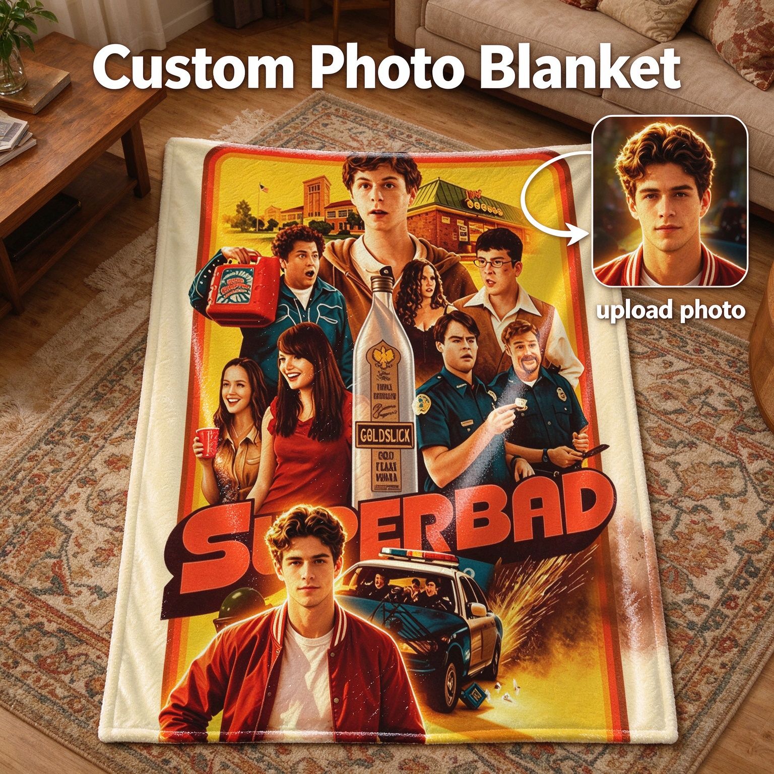 Custom Photo Face Blanket Personalized Retro Comedy Movie Poster Flannel Fleece Throw Soft Anti-Pilling Cozy Bedding