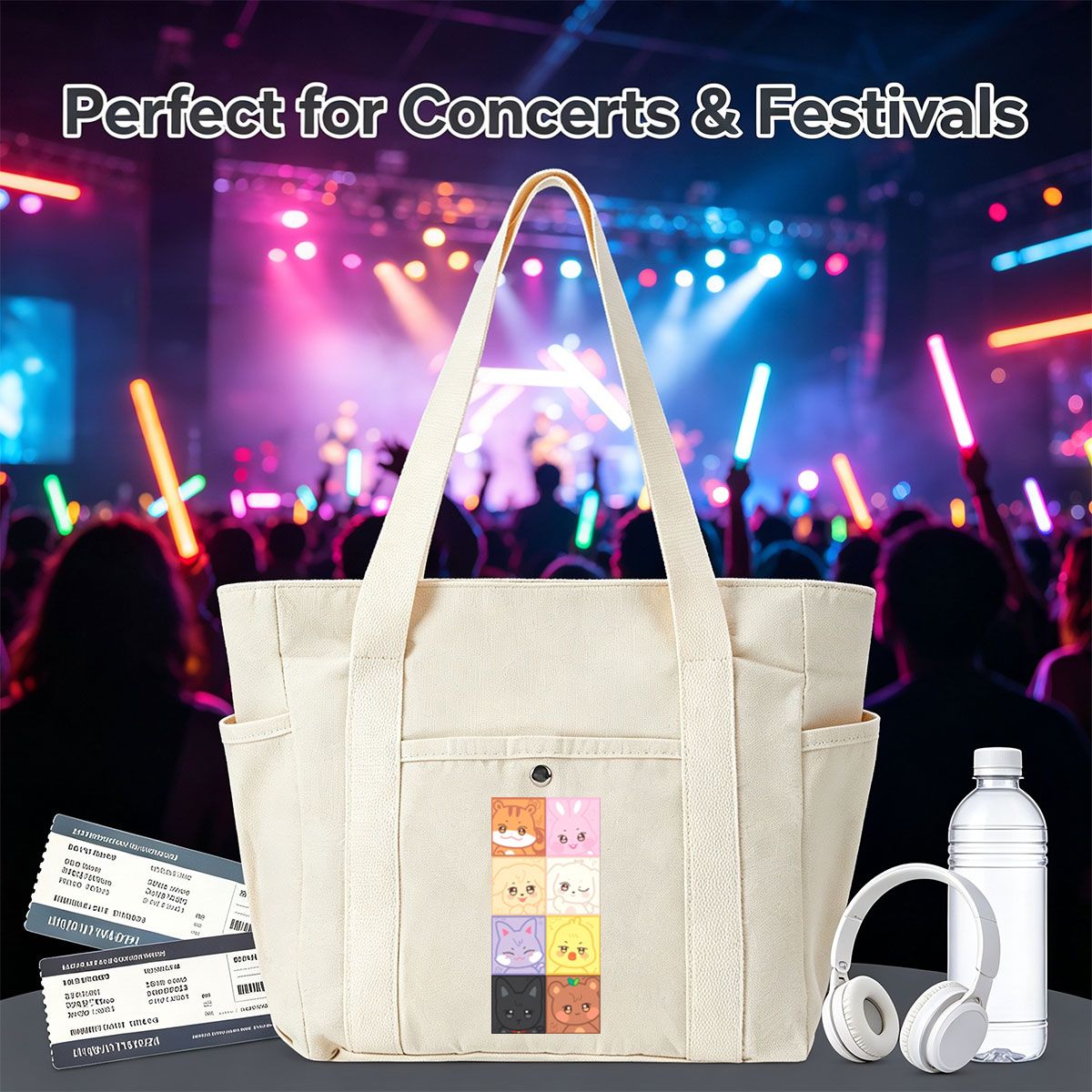 Cute Animal Characters Grid Featuring Kawaii Cartoon Animals in Colorful Squares - Multi-pocket bags