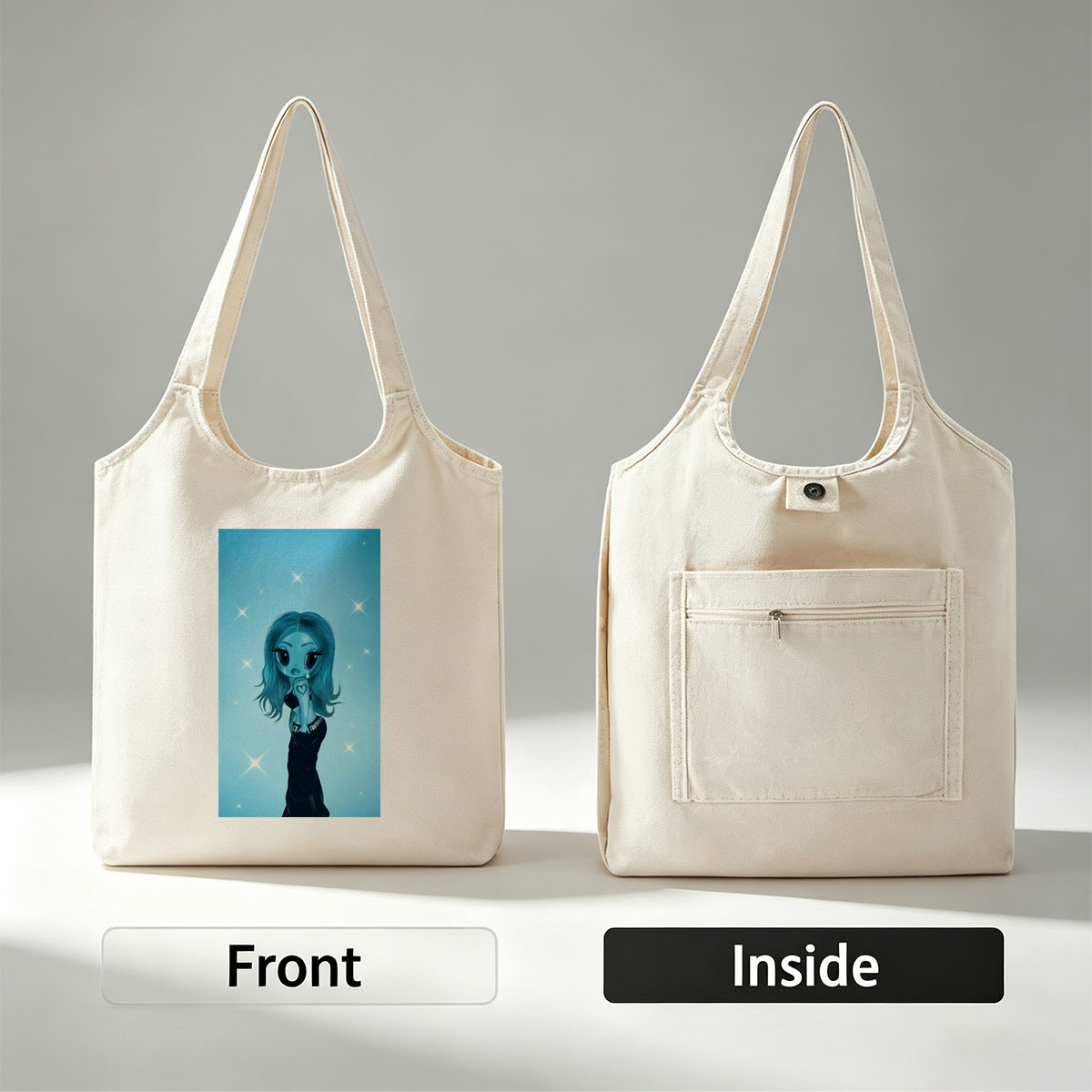 Aqua Blue Anime Girl in Black Dress with Heart Tattoo on Starry Background - Canvas shoulder bags/
