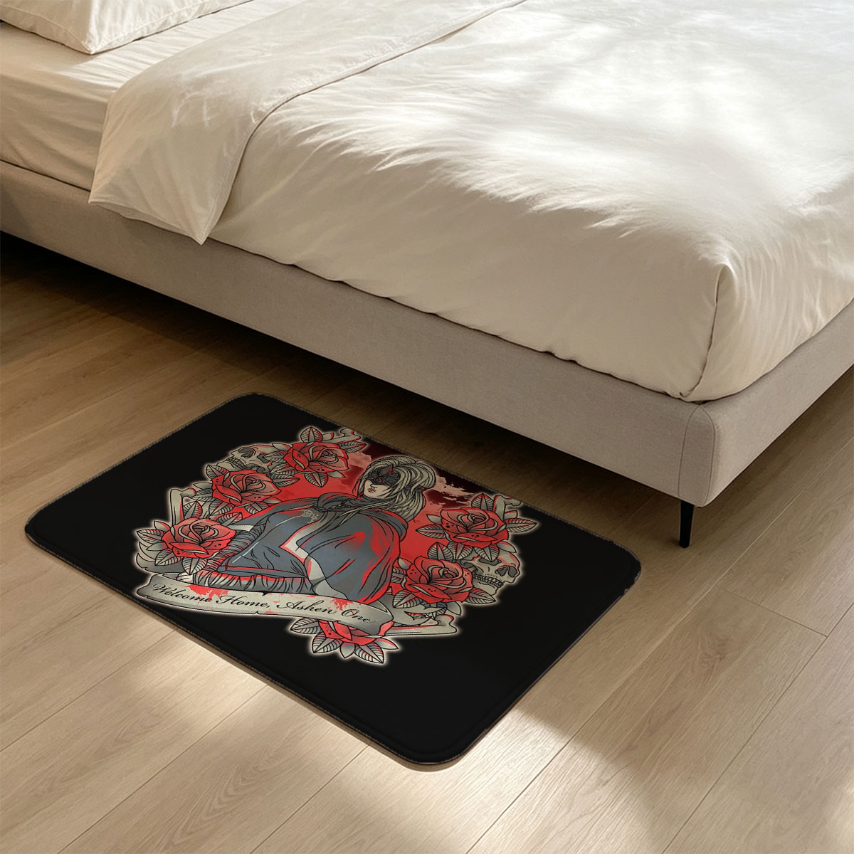 Welcome Home, Ashen One: A Mysterious Figure in a Red and Gray Cloak Surrounded by Roses and Skulls - Flannel floor mat