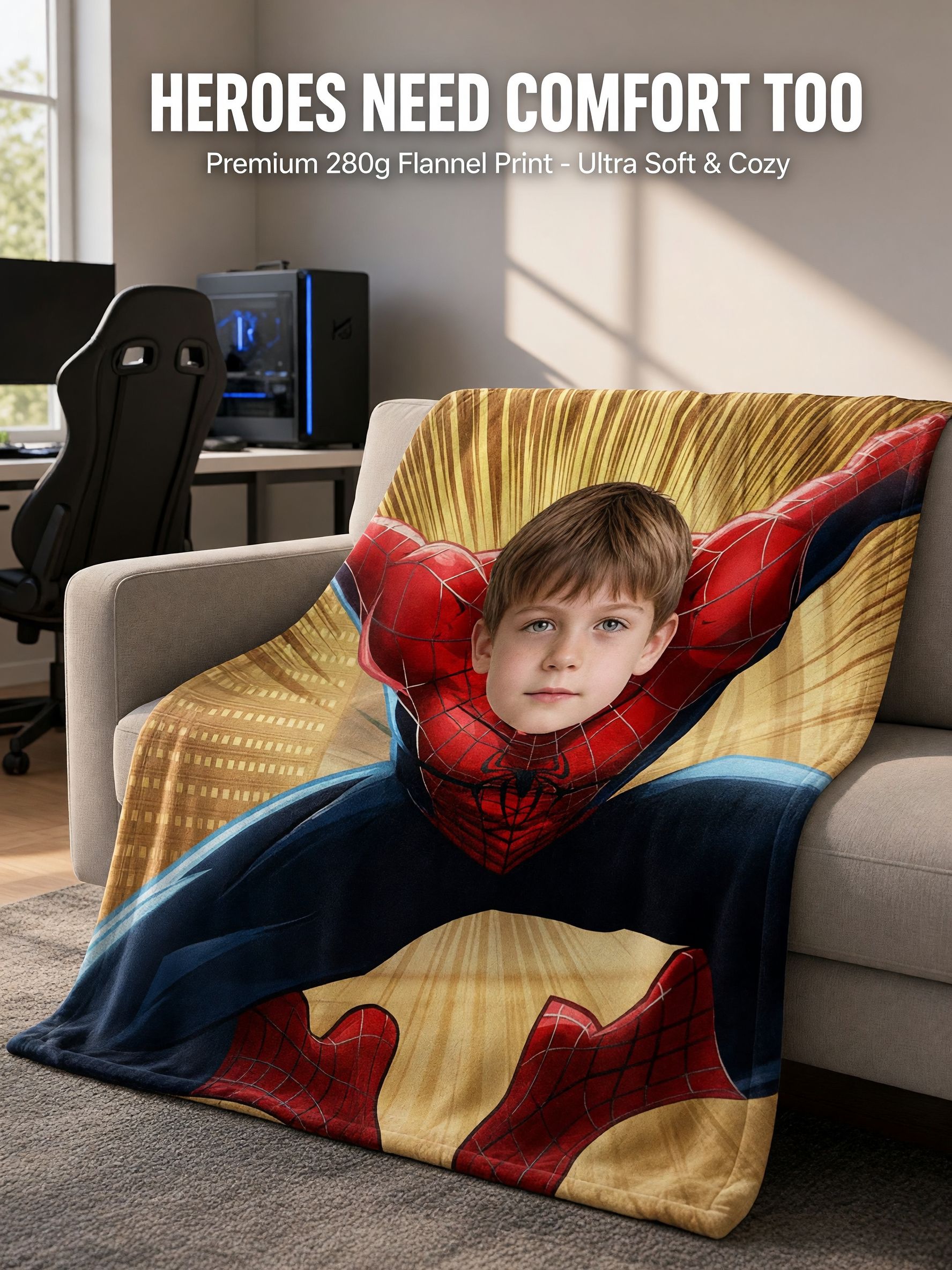 Custom Photo Face Blanket Personalized Superhero Comic Throw Flannel Fleece Bed Couch Cozy Personalized Gift for Kids