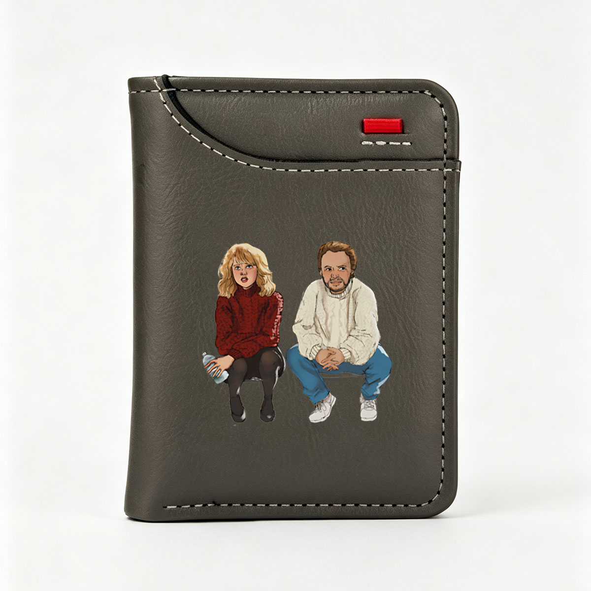 Two individuals seated, one in a red sweater holding a water bottle, the other in a white sweater and blue jeans. - Vertical Style Wallet