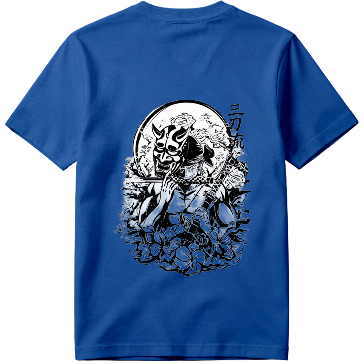 Samurai with Oni Mask and Katana in Floral Scene - Tee