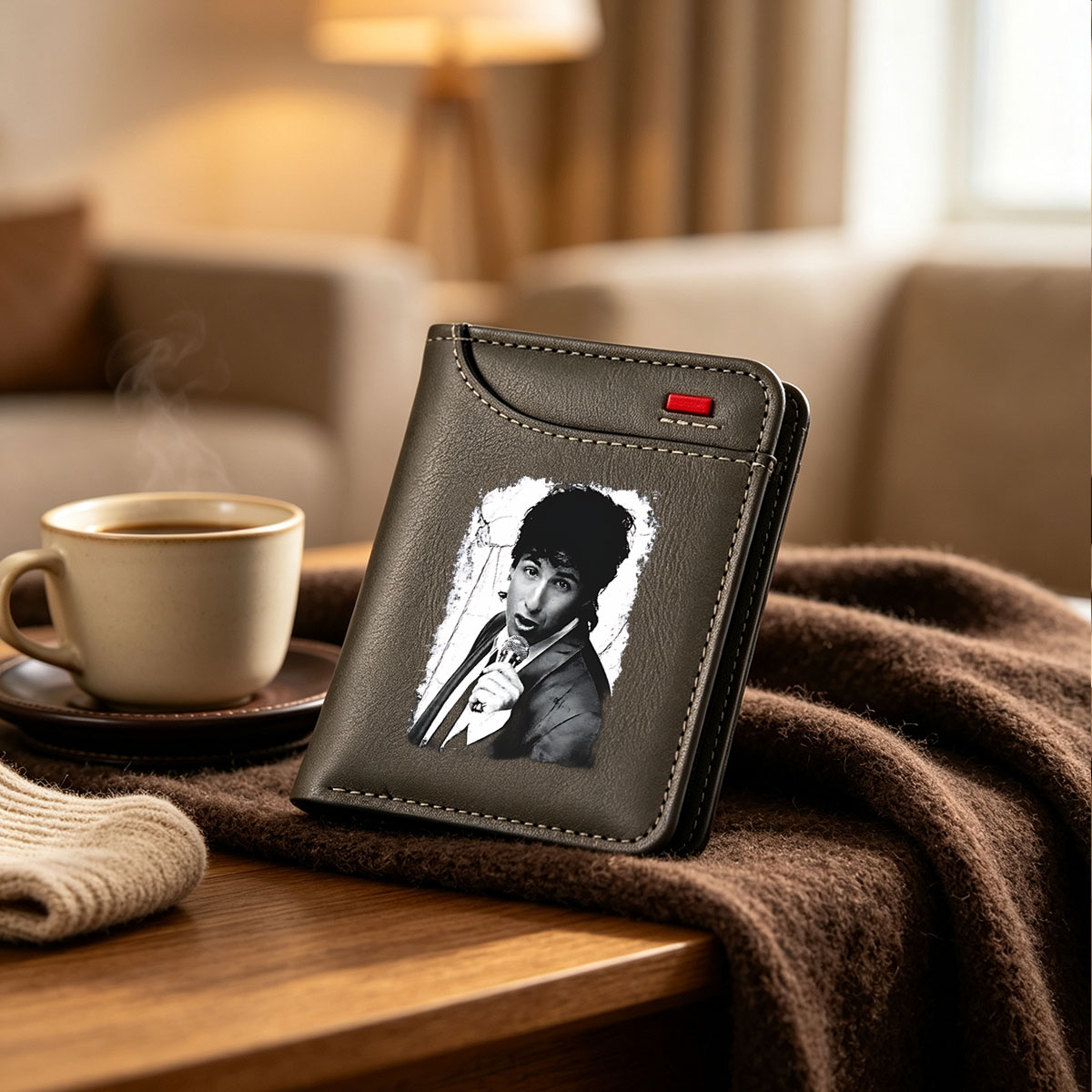 Adam Sandler performing with a microphone, black and white portrait - Vertical Style Wallet