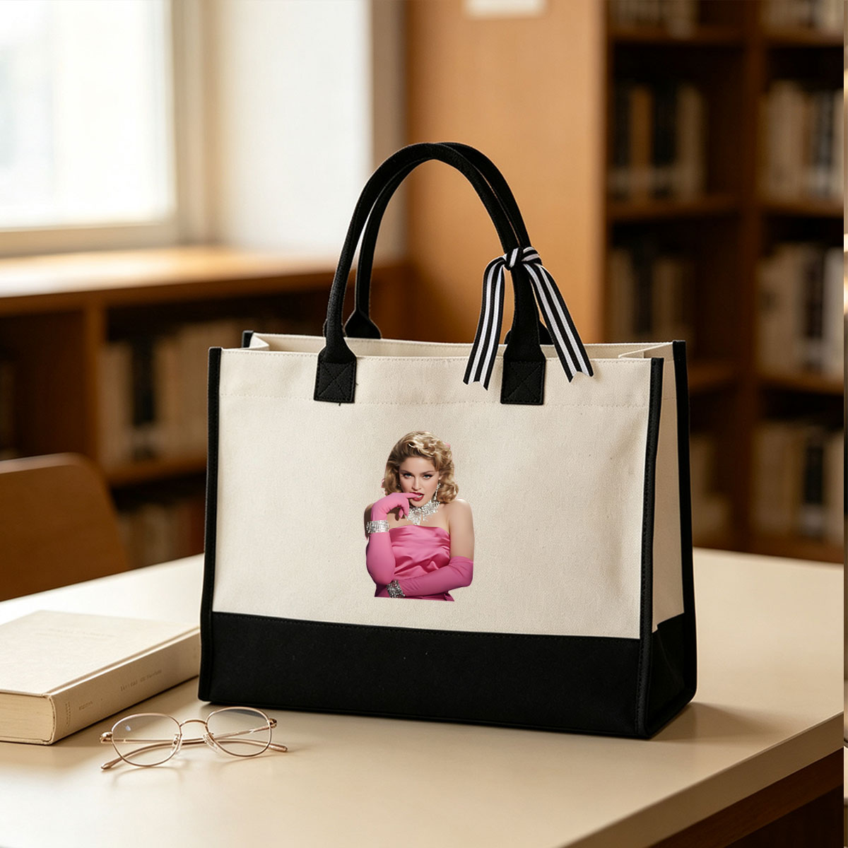 Marilyn Monroe Inspired Glamour Portrait in Pink Satin and Rhinestones - Canvas patchwork gift tote bag