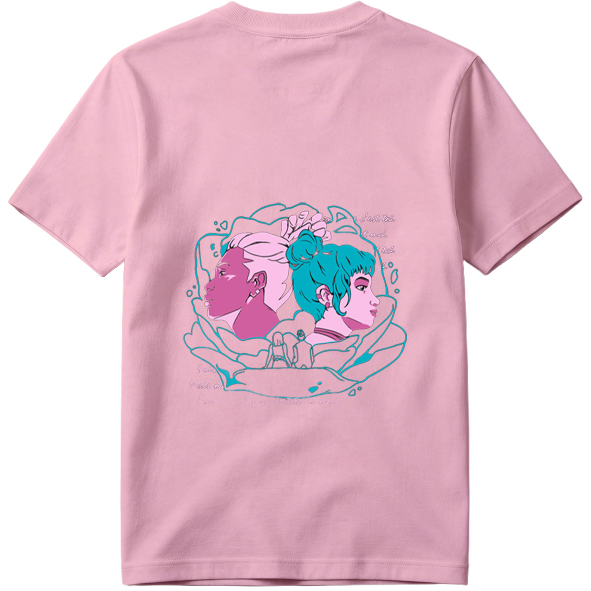 Two Women in Profile: A Stylized Artwork Featuring Pink and Teal Hair with French Text - Tee