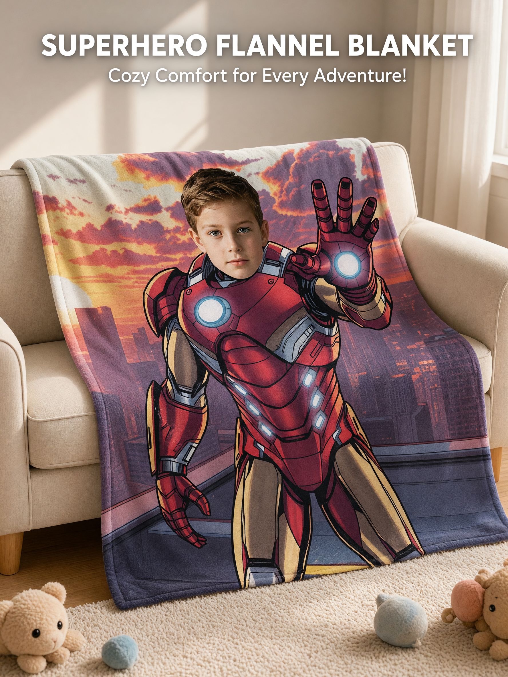 Custom Photo Superhero Flannel Blanket Personalized Soft Throw Fleece Warm Bed Cover Gift for Kids and Family
