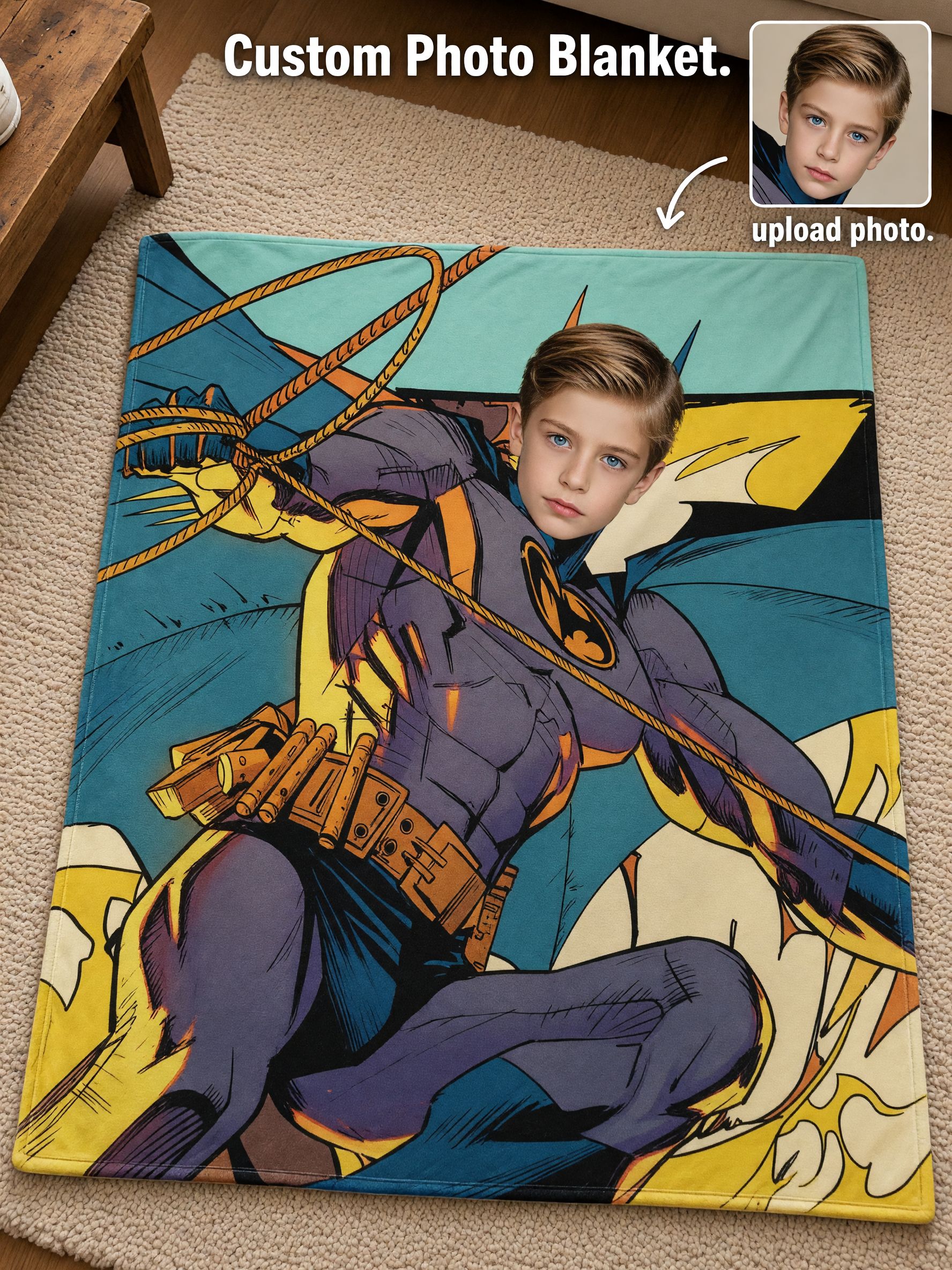 Custom Face Photo Blanket Personalized Superhero Comic Flannel Fleece Throw, Ideal Cozy Gift for Kids and Family