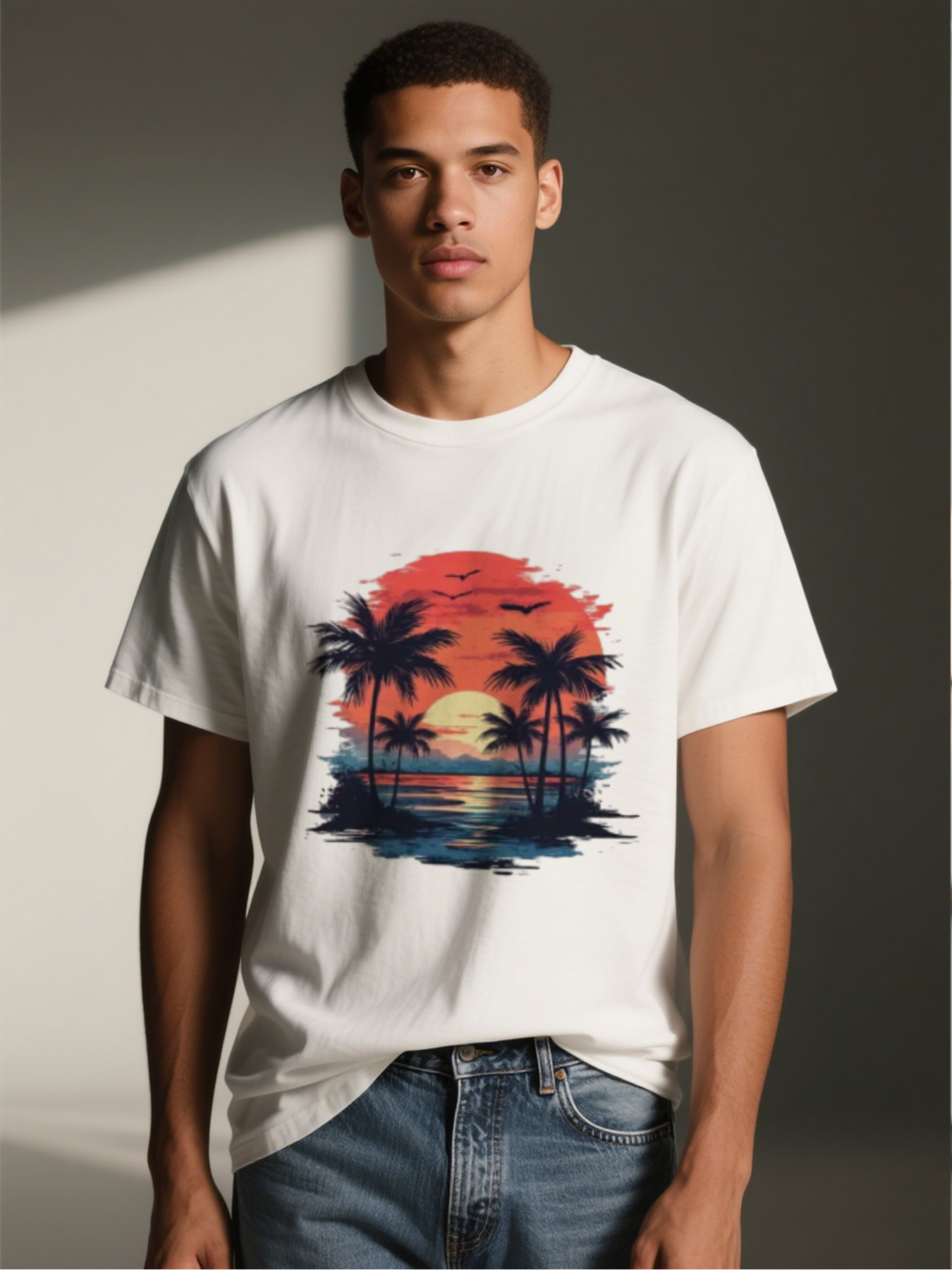 Men's Printed T-Shirt Tropical Sunset Palm Trees Design Casual Round Neck Summer Lightweight Breathable Short Sleeve T-Shirt for Beach Vacation Outdoor Activities Men
