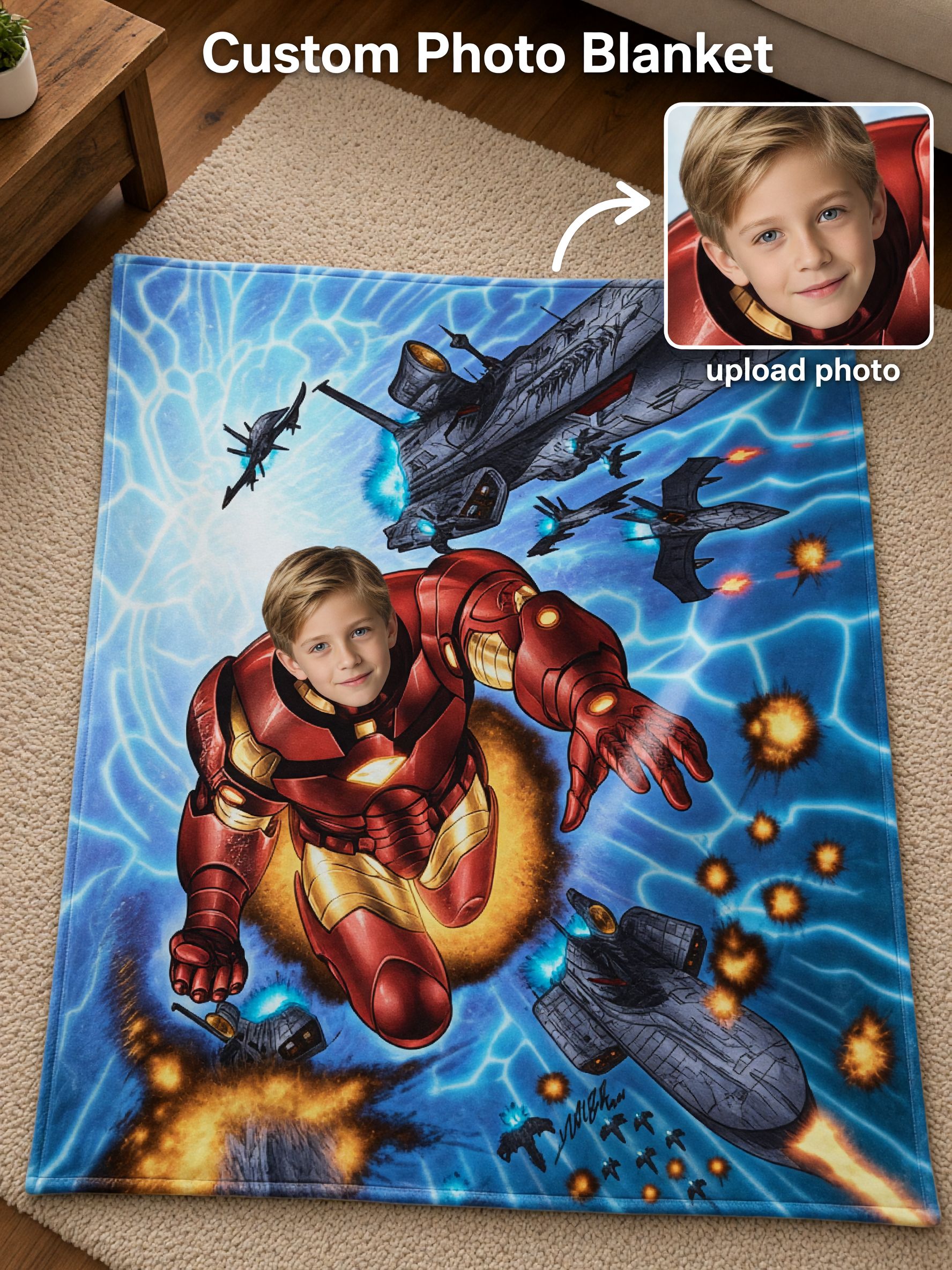 Custom Superhero Face Blanket Personalized Photo Flannel Throw Ultra Soft Cozy Fleece Wrap Ideal Gift for Kids