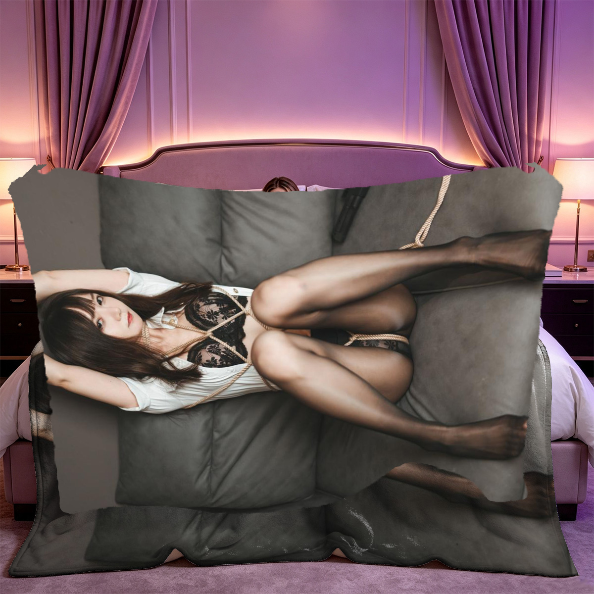 Nude Brunette on Blue Satin in the Meadow - Blanket