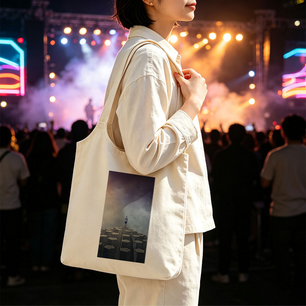 Imagine Dragons Standing on Stone Pillars Under Dramatic Sky - Canvas shoulder bags/