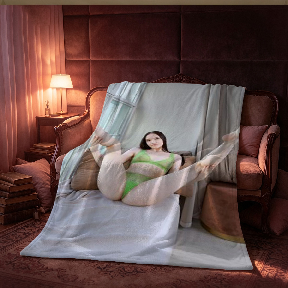 Nude Brunette on Orange Couch in White Lingerie Thong - Blanket