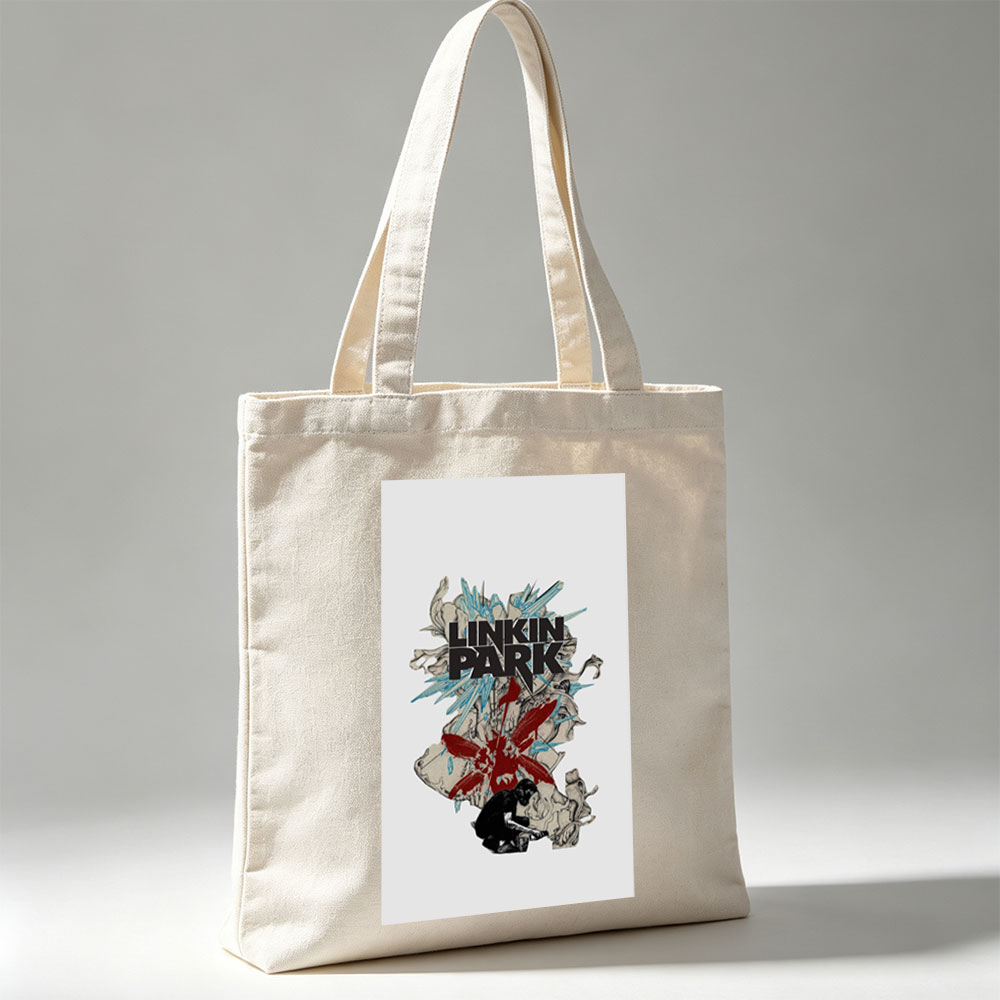 Linkin Park Band Artwork Featuring Abstract Design with Red and Blue Elements and a Figure in Contemplation - Canvas tote bags