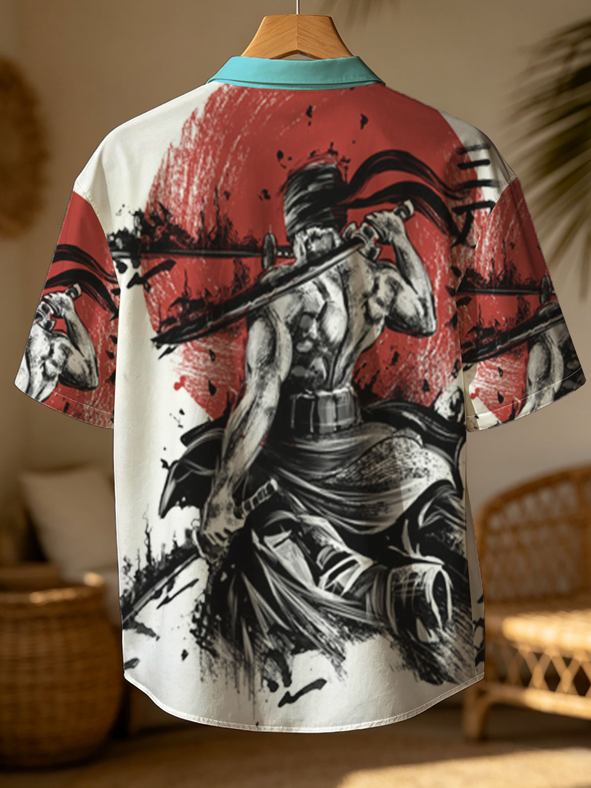 Samurai Warrior with Three Swords Against Red Sun Background -  Shirt