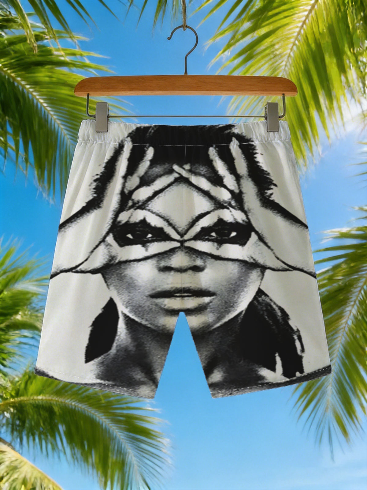 Woman with Hands Forming X Over Eyes, Dramatic Makeup, Black and White Portrait -  Beach shorts