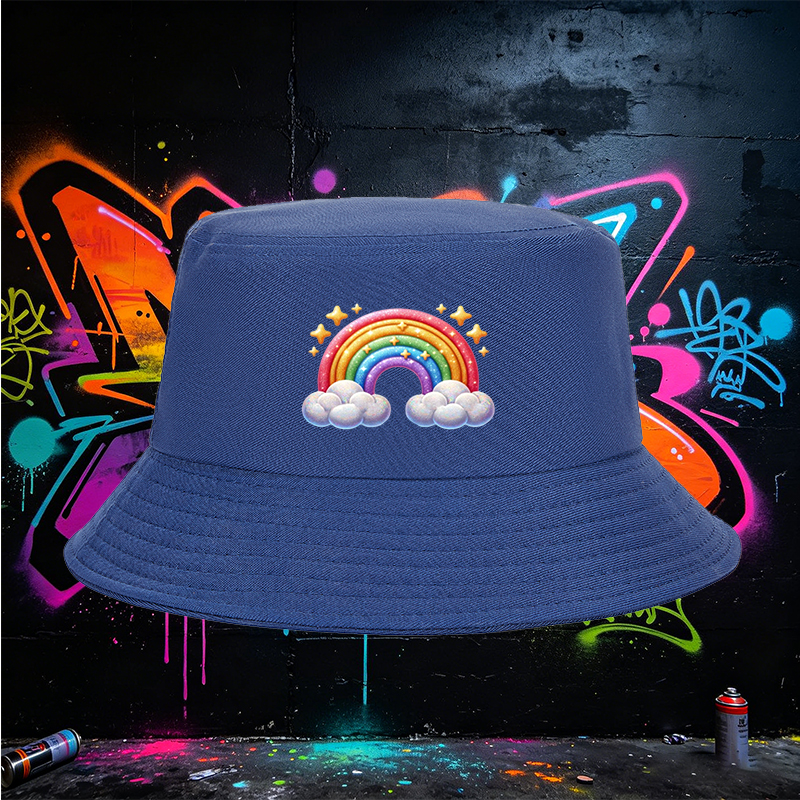 Unisex Rainbow Print Bucket Hat with Sparkling Stars and Clouds Design, Classic Cotton Fisherman Hat for Outdoor Activities, Beach, Travel, and Casual Wear, Perfect for Adults and Teens Seeking Fun and Colorful Fashion Accessory