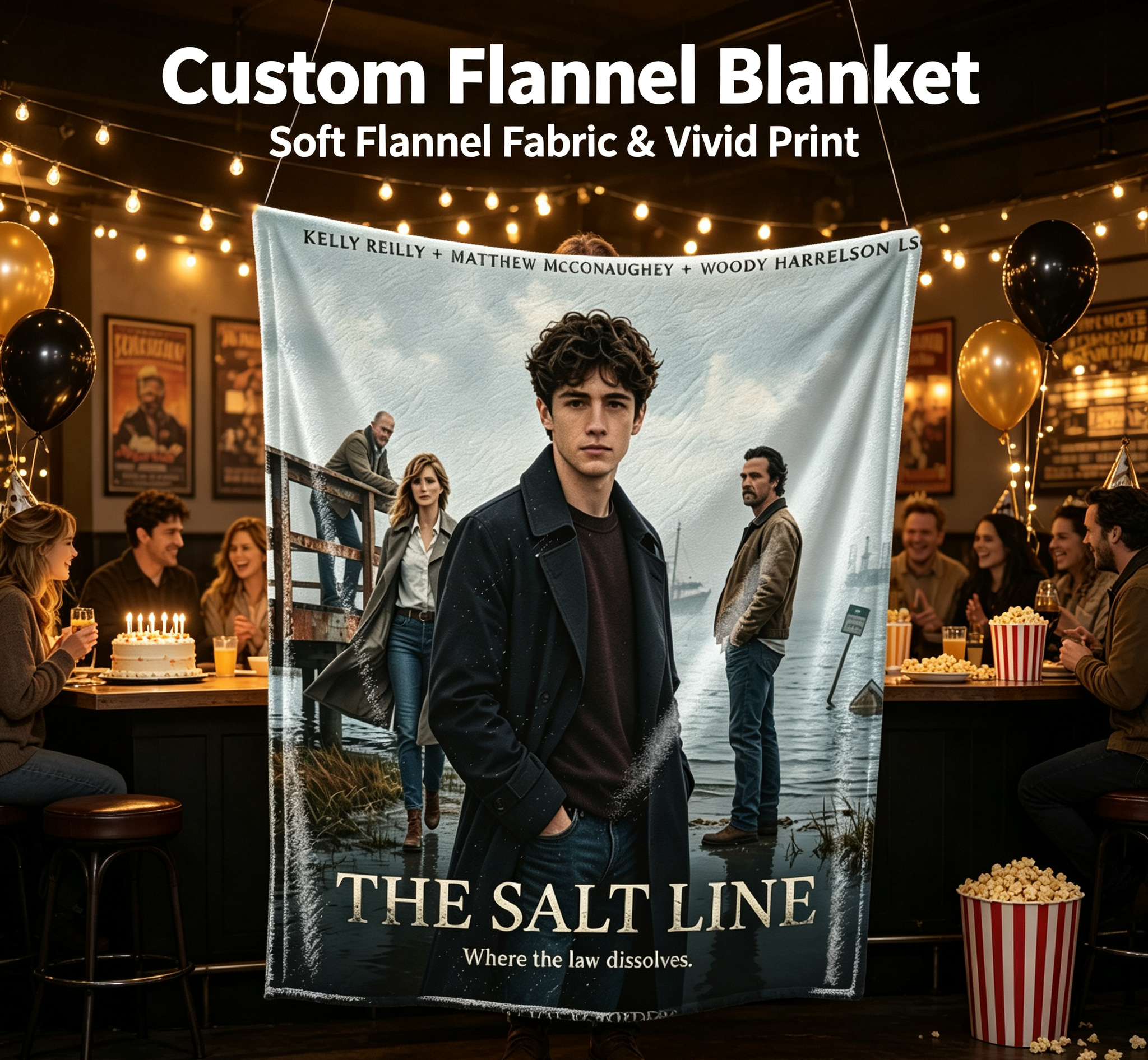 Custom Face Blanket The Salt Line Movie Poster Flannel Blanket Perfect for Fans of Kelly Reilly Matthew McConaughey and Woody Harrelson Ideal for Home Decor or Gift Giving