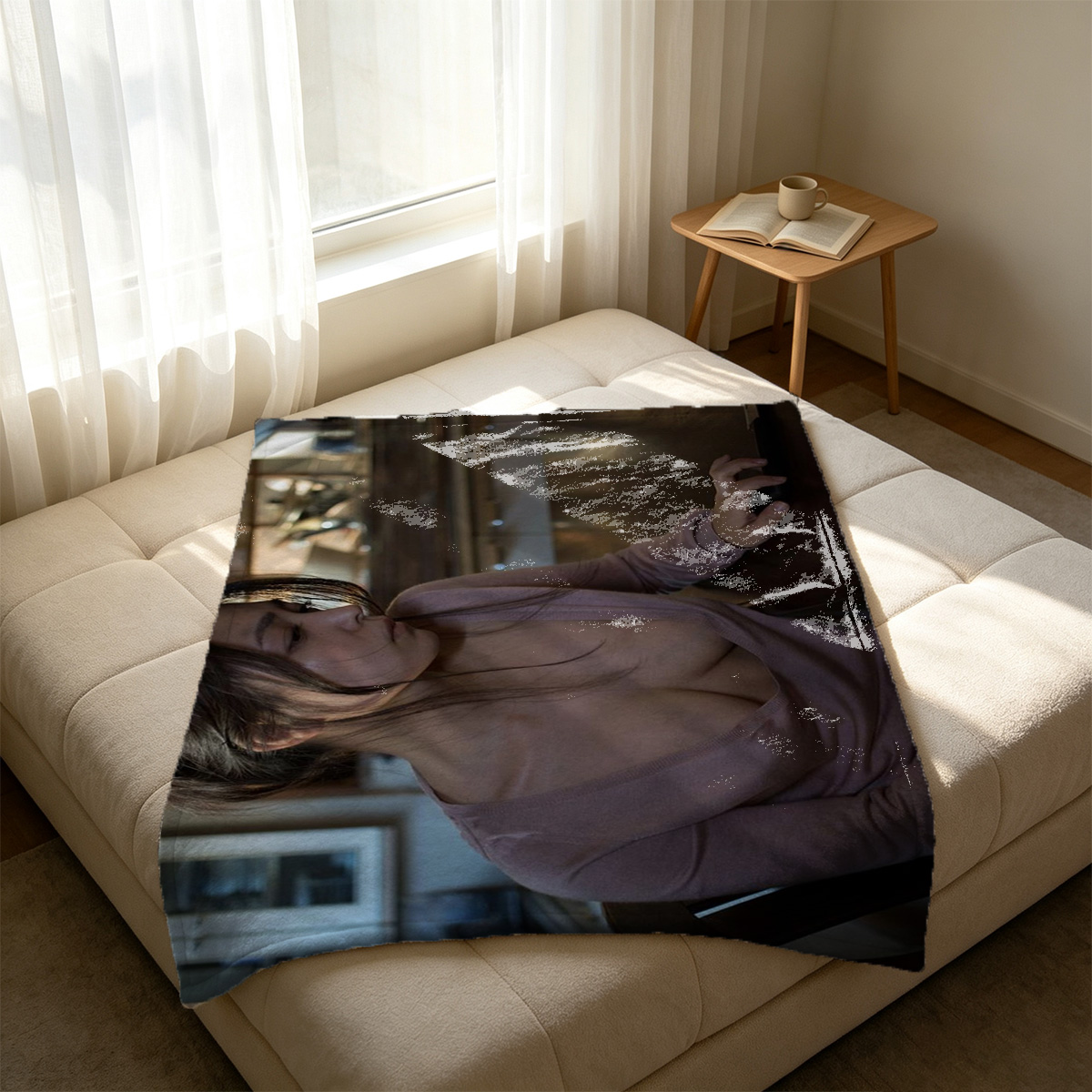 A woman in white off-shoulder lace lingerie sitting on a bed. - Blanket
