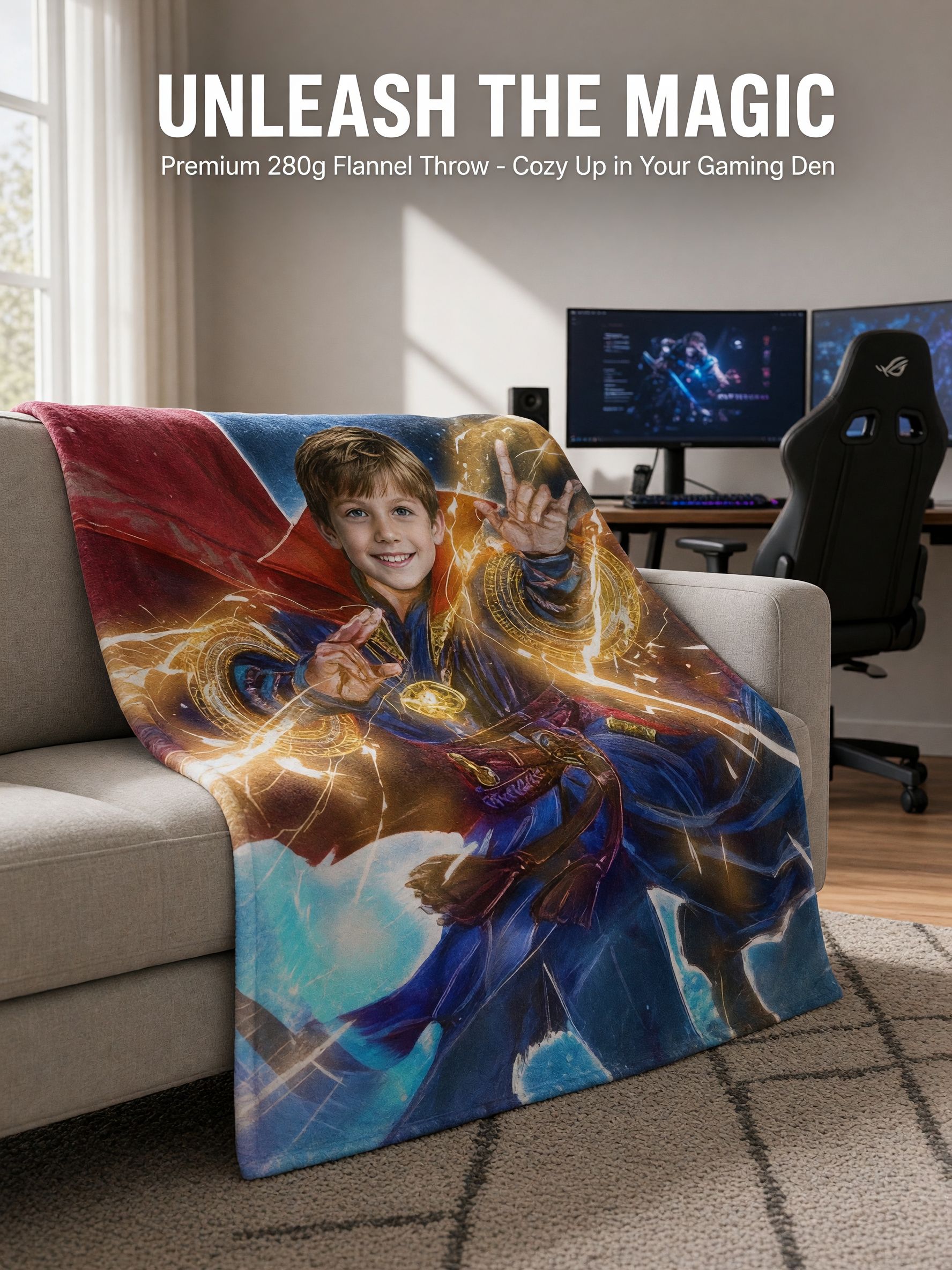 Custom Face Photo Superhero Fleece Blanket, Personalized Sorcerer Flannel Throw, Cozy Gift for Kids and Adults