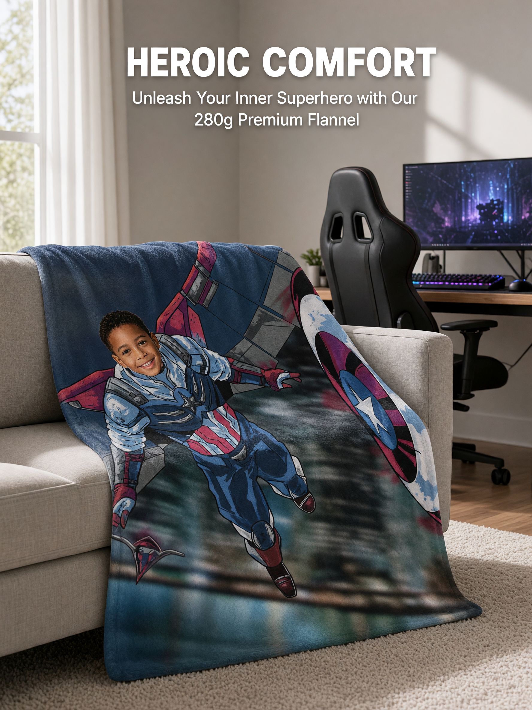 Custom Face Photo Superhero Flannel Fleece Blanket, Ultra Soft Personalized Bed Throw, Ideal Birthday Gift for Kids