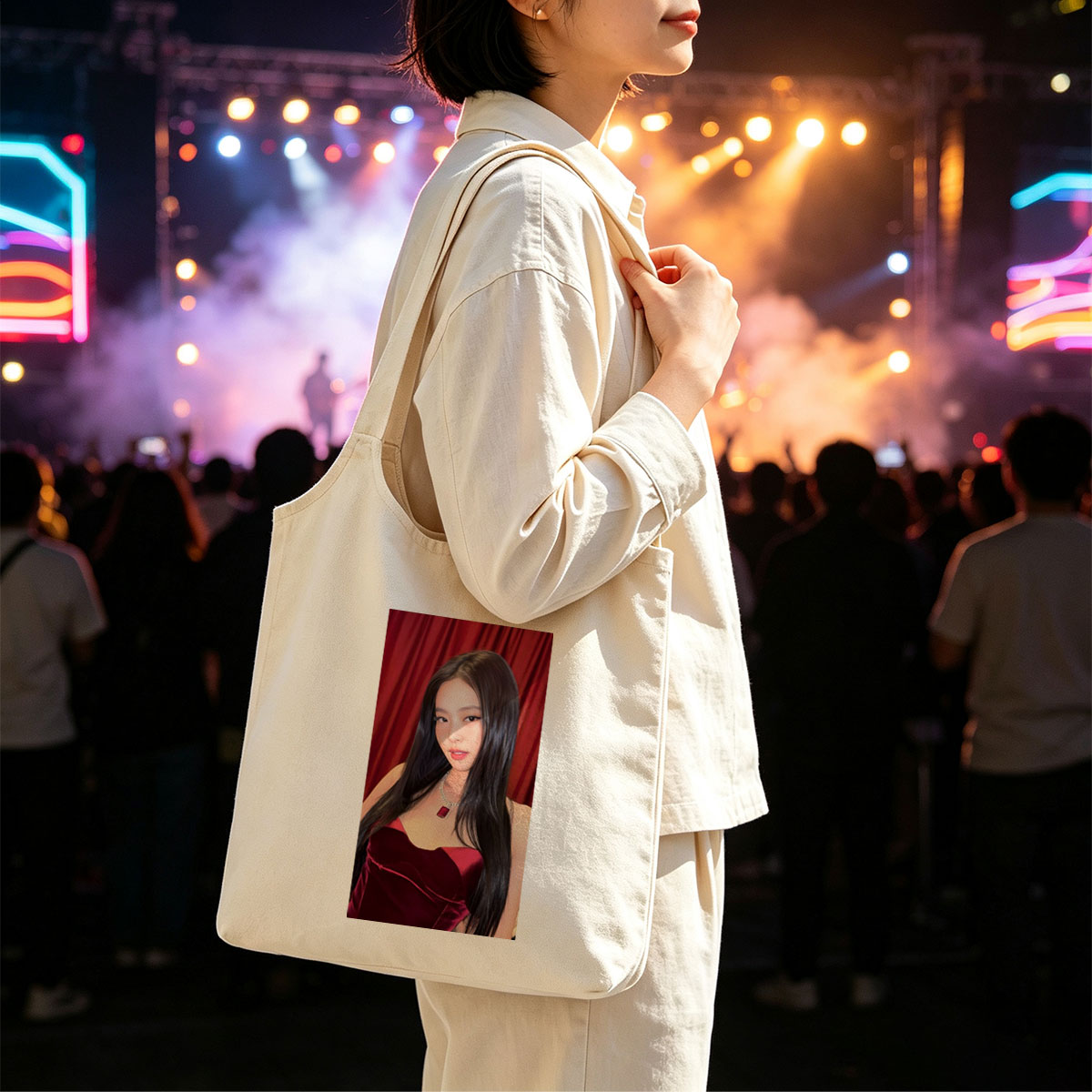 Jennie Kim in Red Velvet Dress at Glamorous Event with Red Curtain Background - Canvas shoulder bags/