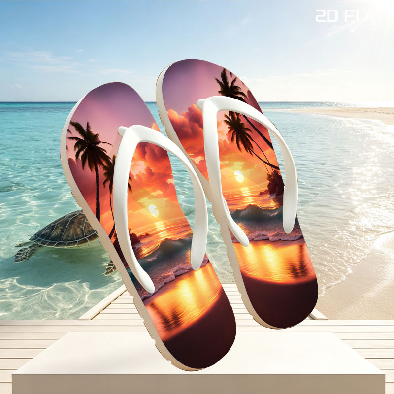 Tropical Sunset Beach with Palm Trees and Golden Waves -  flip-flops