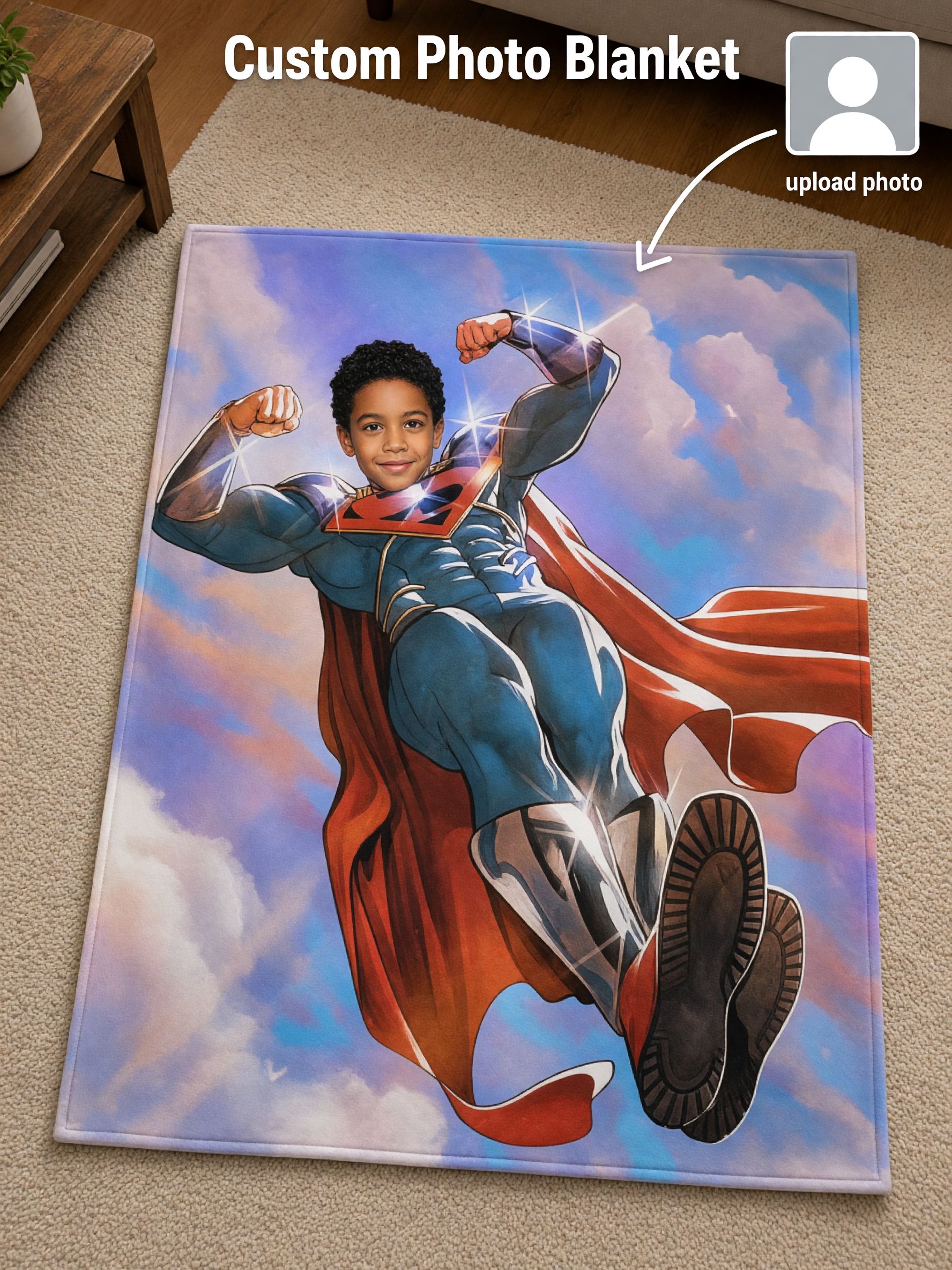 Custom Superhero Face Photo Blanket Personalized Flannel Fleece Throw Soft Anti-Pilling Keepsake Gift for Kids Boys