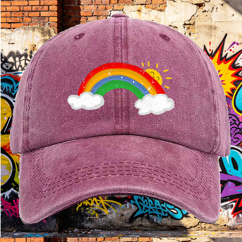 Men's Rainbow Print Washed Cotton Cap with Sunny Cloud Design Lightweight Casual Round Brim Summer Hat for Outdoor Activities and Daily Wear Adults Unisex Streetwear Fashion Accessory