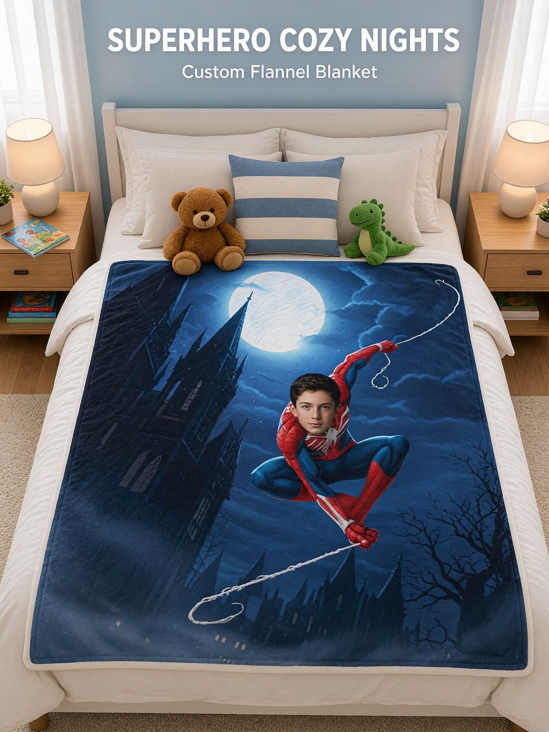 Custom Face Superhero Flannel Blanket, Personalized Photo Throw for Kids Bedroom Couch, Cozy Keepsake Hero Gift
