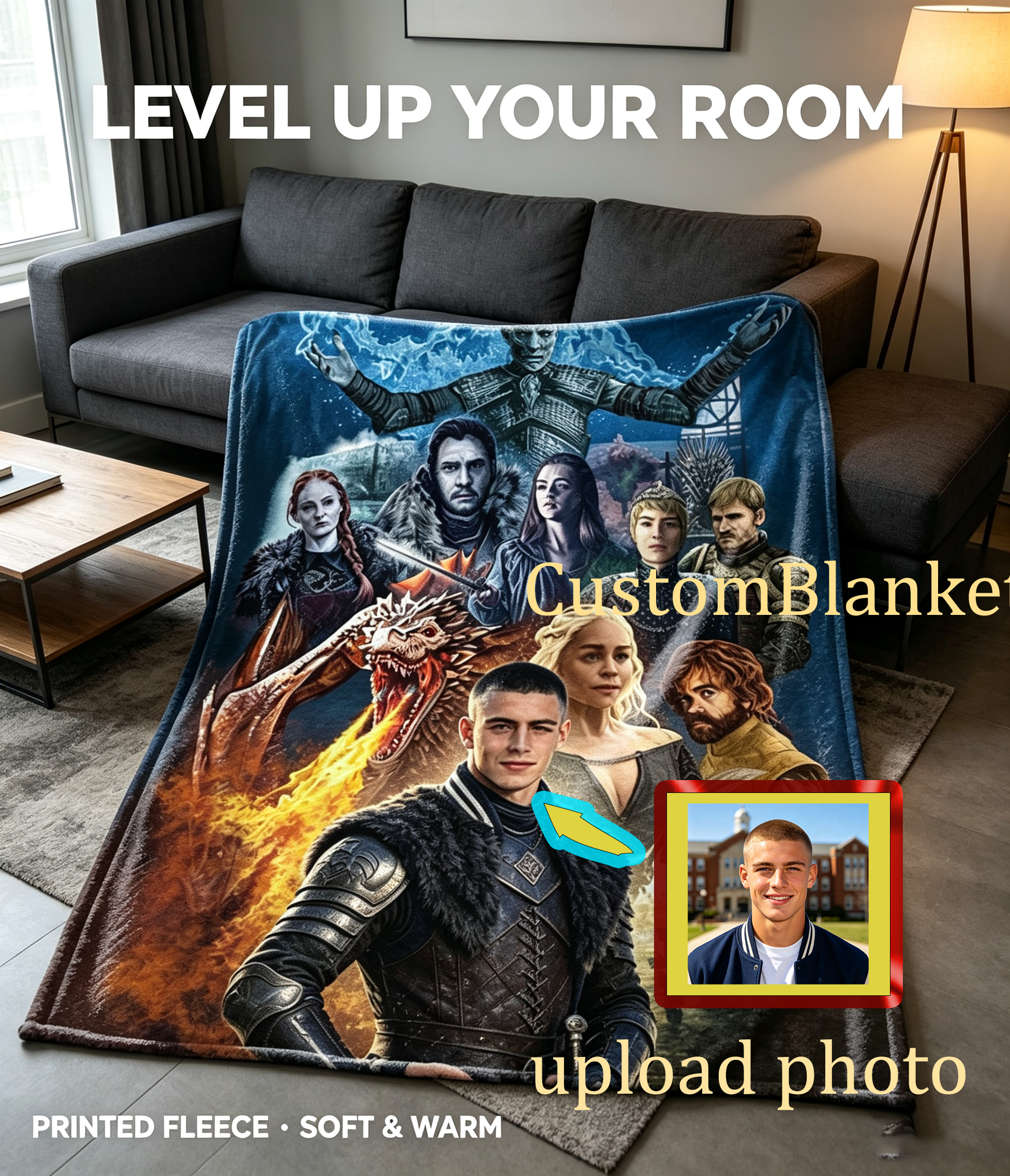 Custom Face Blanket Game of Thrones Characters Flannel Blanket Perfect for Couch, Bed, or Travel Ideal Gift for Fans and Collectors