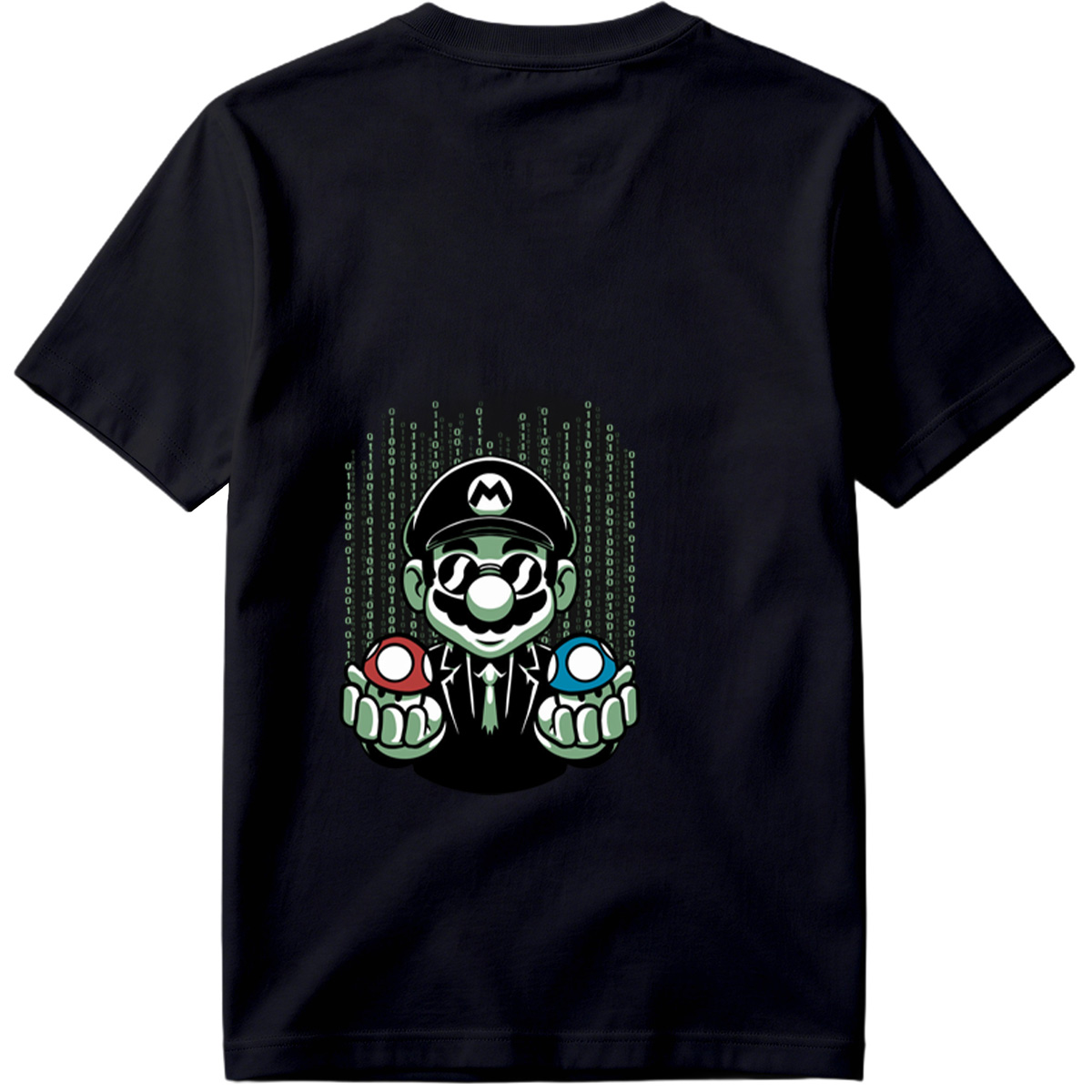 Mario in Matrix Code with Red and Blue Mushrooms - Tee