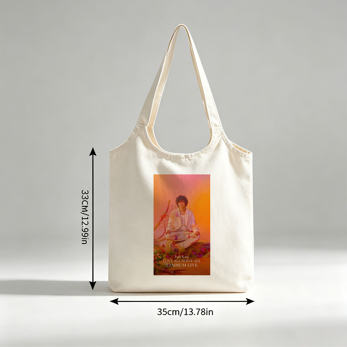 Fujii Kaze Meditating in a Vibrant Floral Landscape with Warm Sunset Background - Canvas shoulder bags/