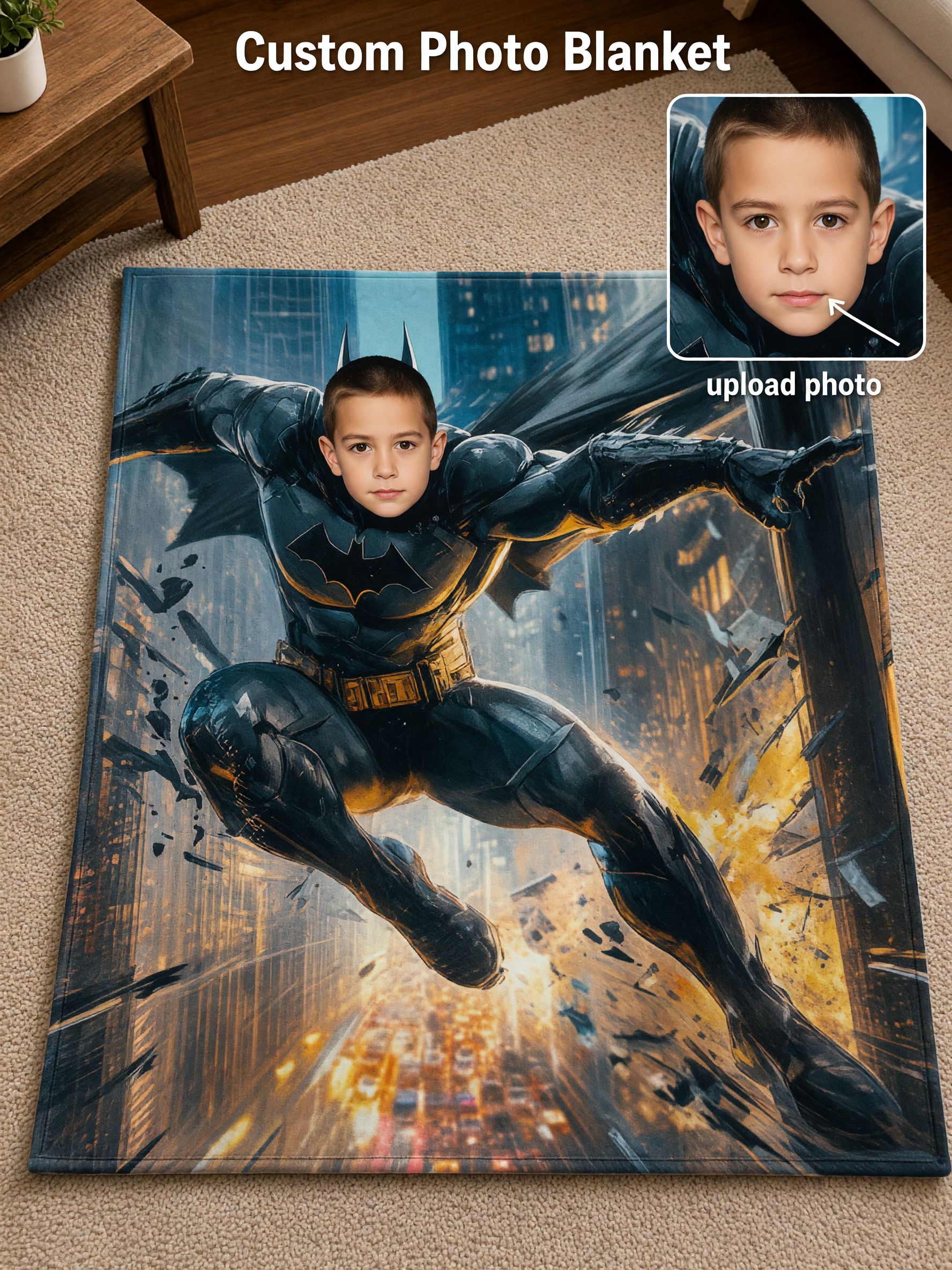 Personalized Superhero Photo Blanket Custom Face Flannel Throw Warm Soft Keepsake Bed Sofa Gift for Kids and Adults