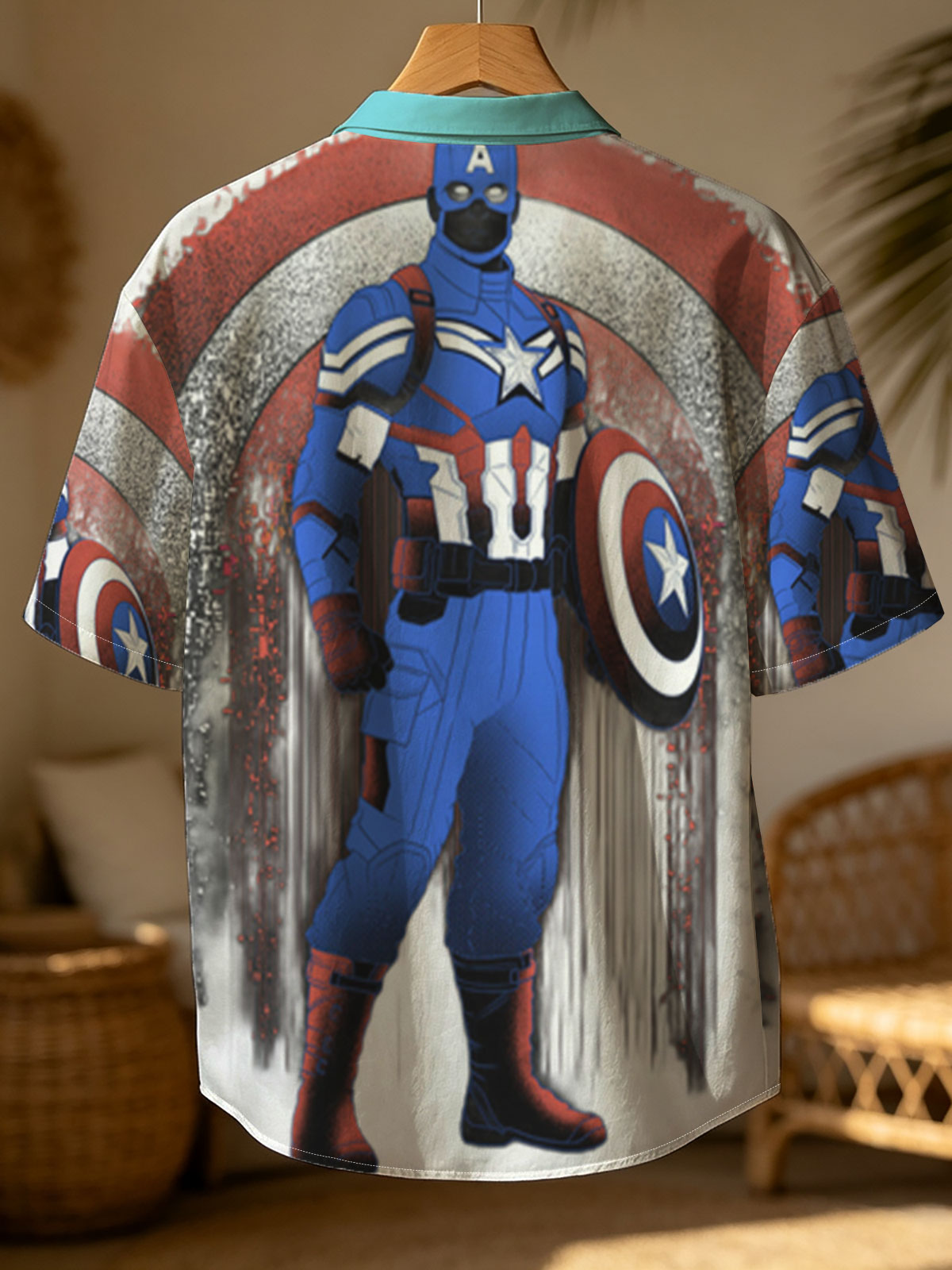 Captain America in Tactical Suit with Shield, Standing Against a Dynamic Red, White, and Blue Background -  Shirt