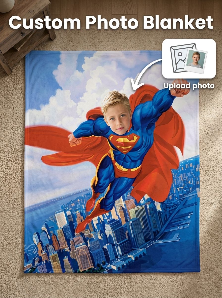 Custom Superhero Photo Face Blanket Ultra Soft Velvet Flannel Throw Personalized Keepsake Gift for Kids and Family