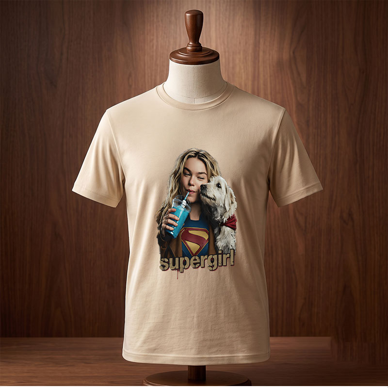 Supergirl with Dog and Blue Drink - Tee